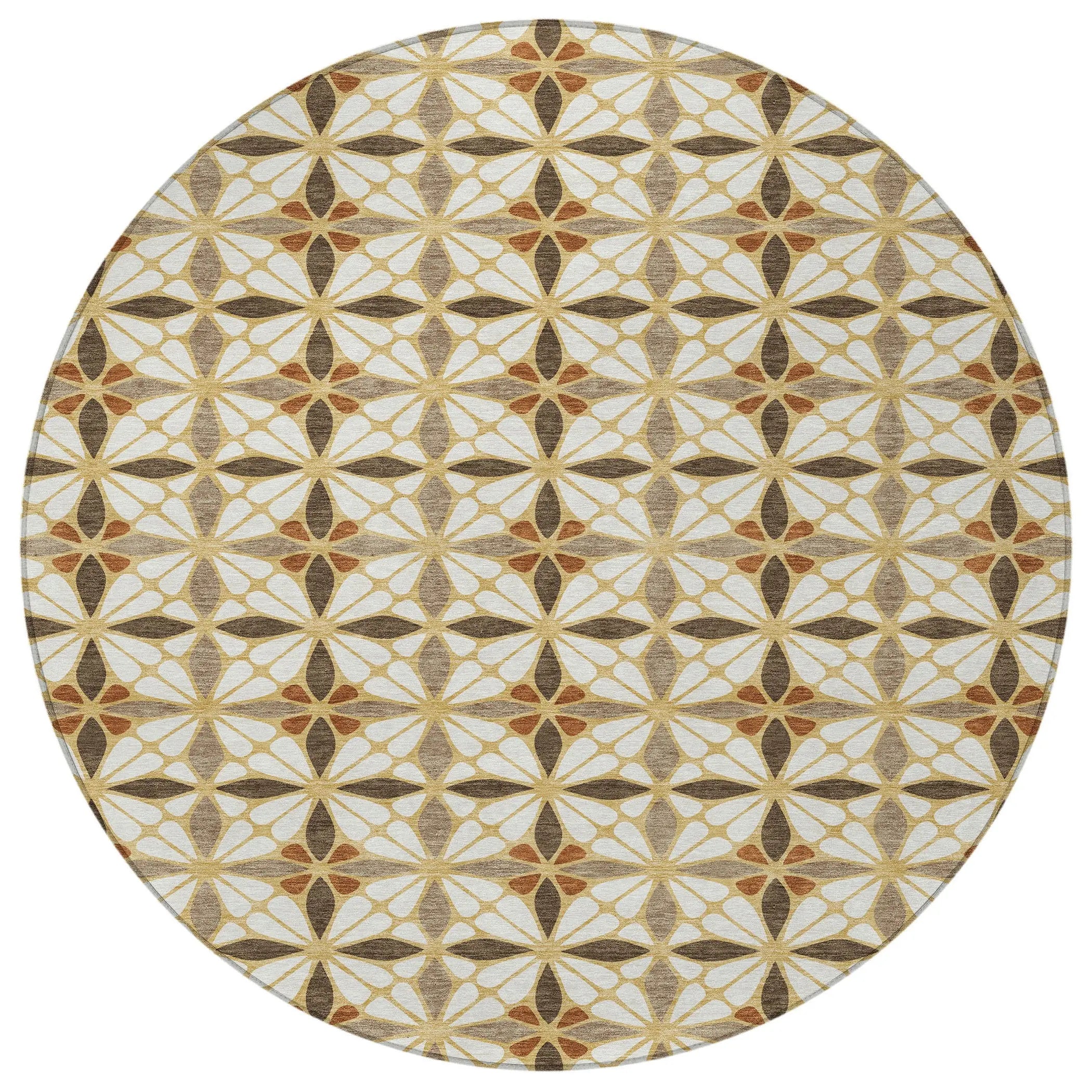 8' Gold And Orange Round Geometric Washable Indoor Outdoor Area Rug Homeroots Outdoor