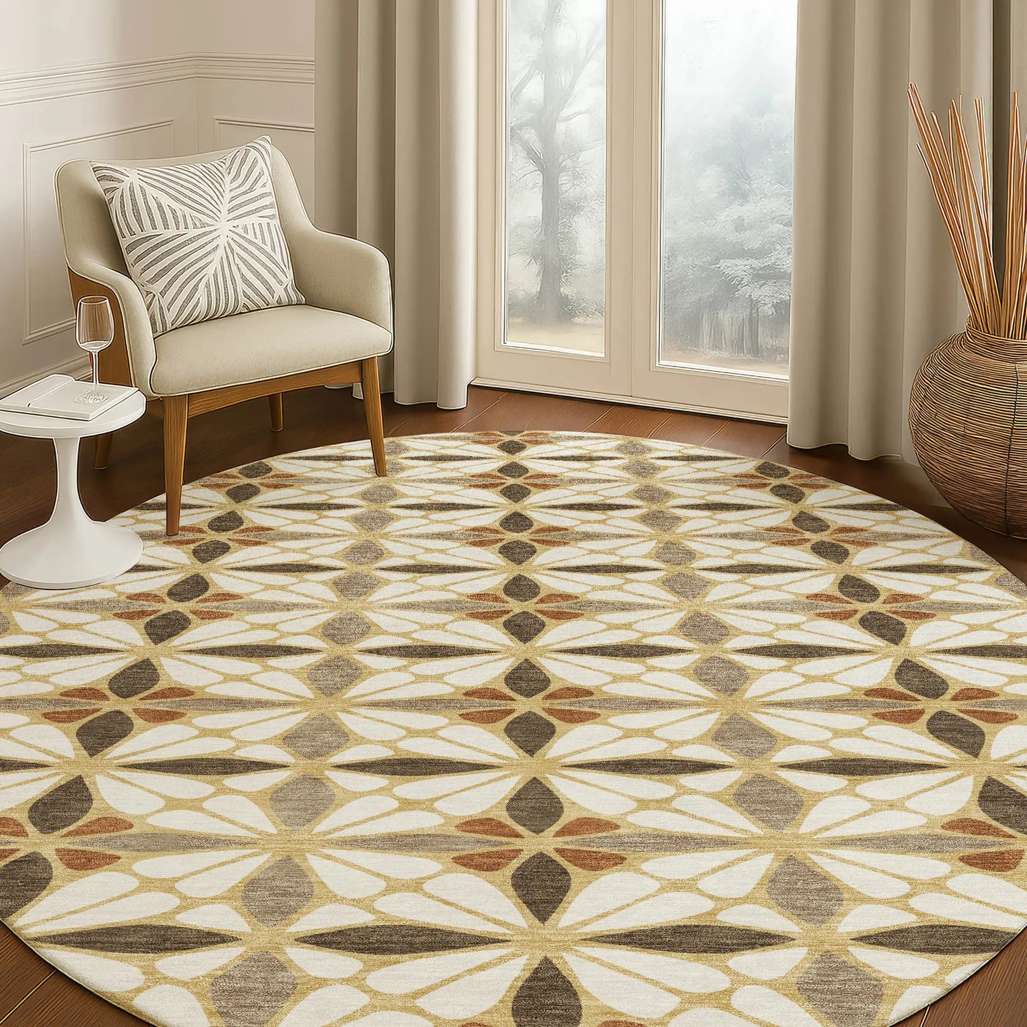 8' Gold And Orange Round Geometric Washable Indoor Outdoor Area Rug Homeroots Outdoor