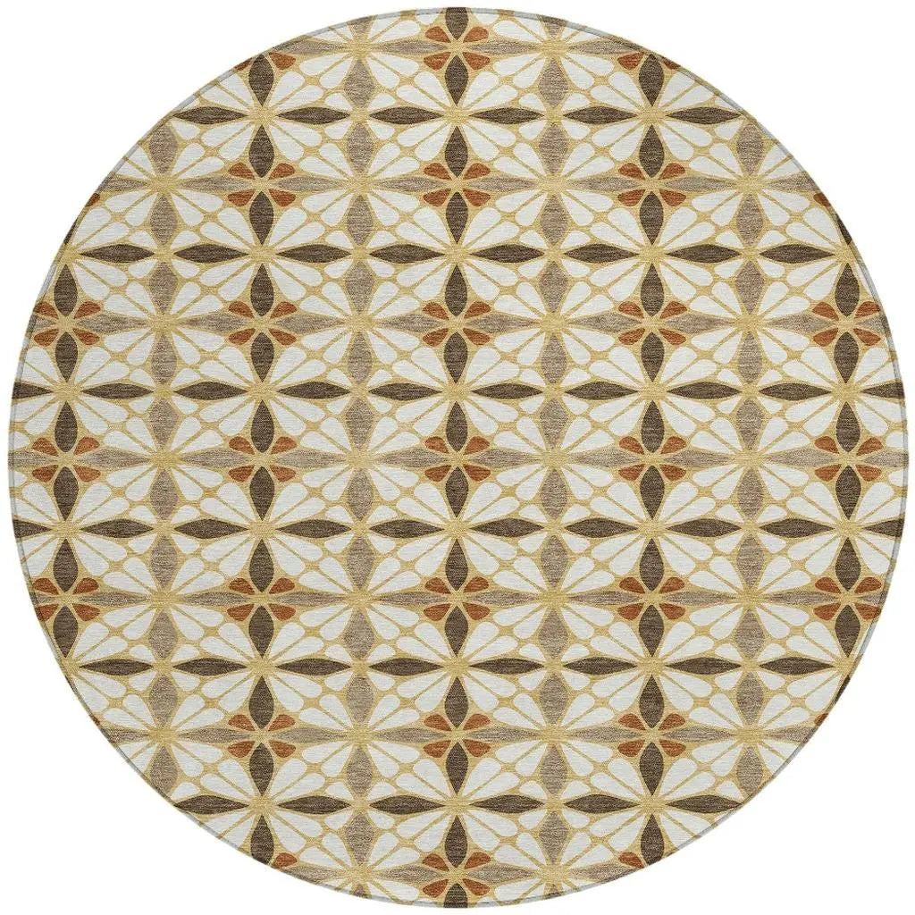 8' Gold And Orange Round Geometric Washable Indoor Outdoor Area Rug Homeroots Outdoor