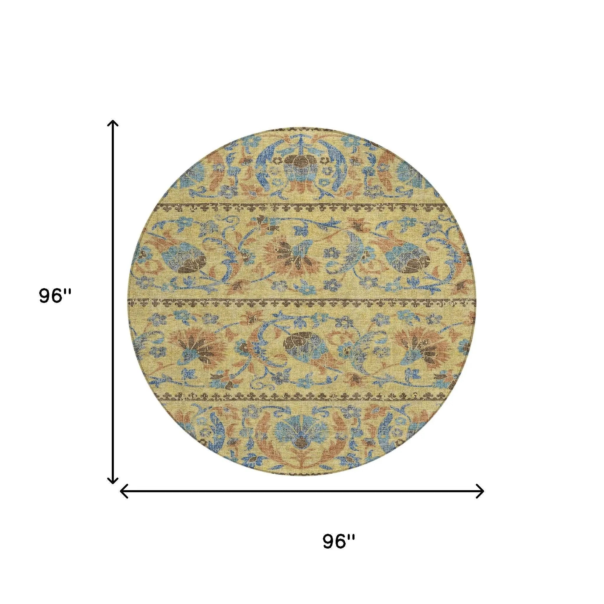 8' Gold And Teal Blue Round Floral Washable Indoor Outdoor Area Rug Homeroots Outdoor
