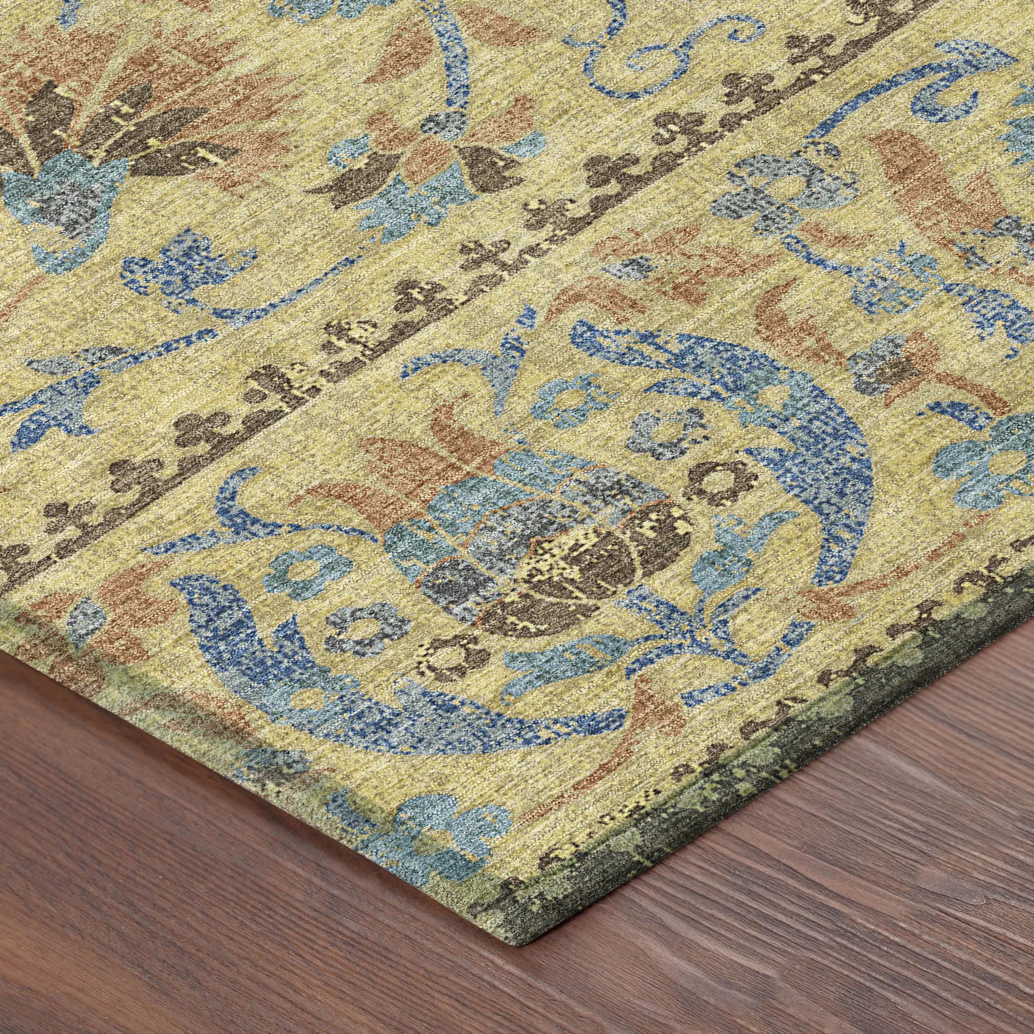 8' Gold And Teal Blue Round Floral Washable Indoor Outdoor Area Rug Homeroots Outdoor