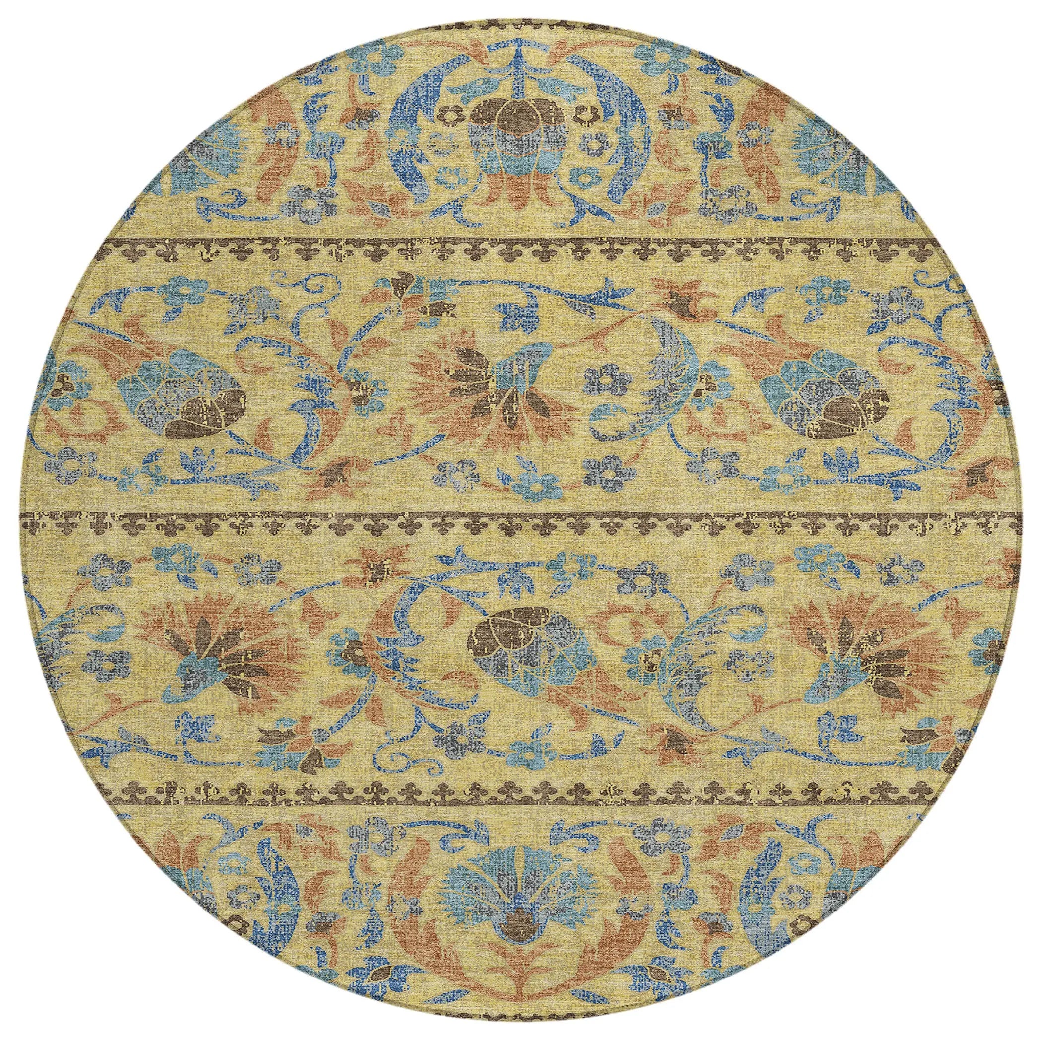 8' Gold And Teal Blue Round Floral Washable Indoor Outdoor Area Rug Homeroots Outdoor