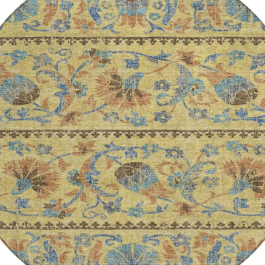 8' Gold And Teal Blue Round Floral Washable Indoor Outdoor Area Rug Homeroots Outdoor