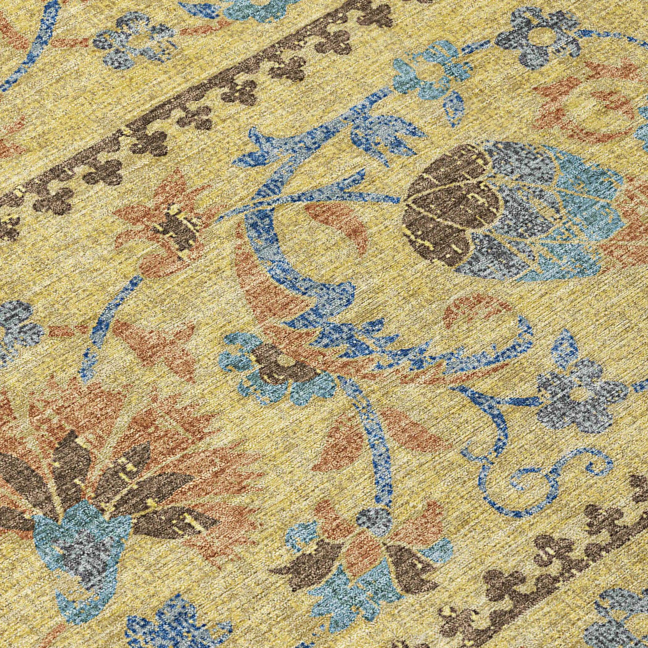 8' Gold And Teal Blue Round Floral Washable Indoor Outdoor Area Rug Homeroots Outdoor