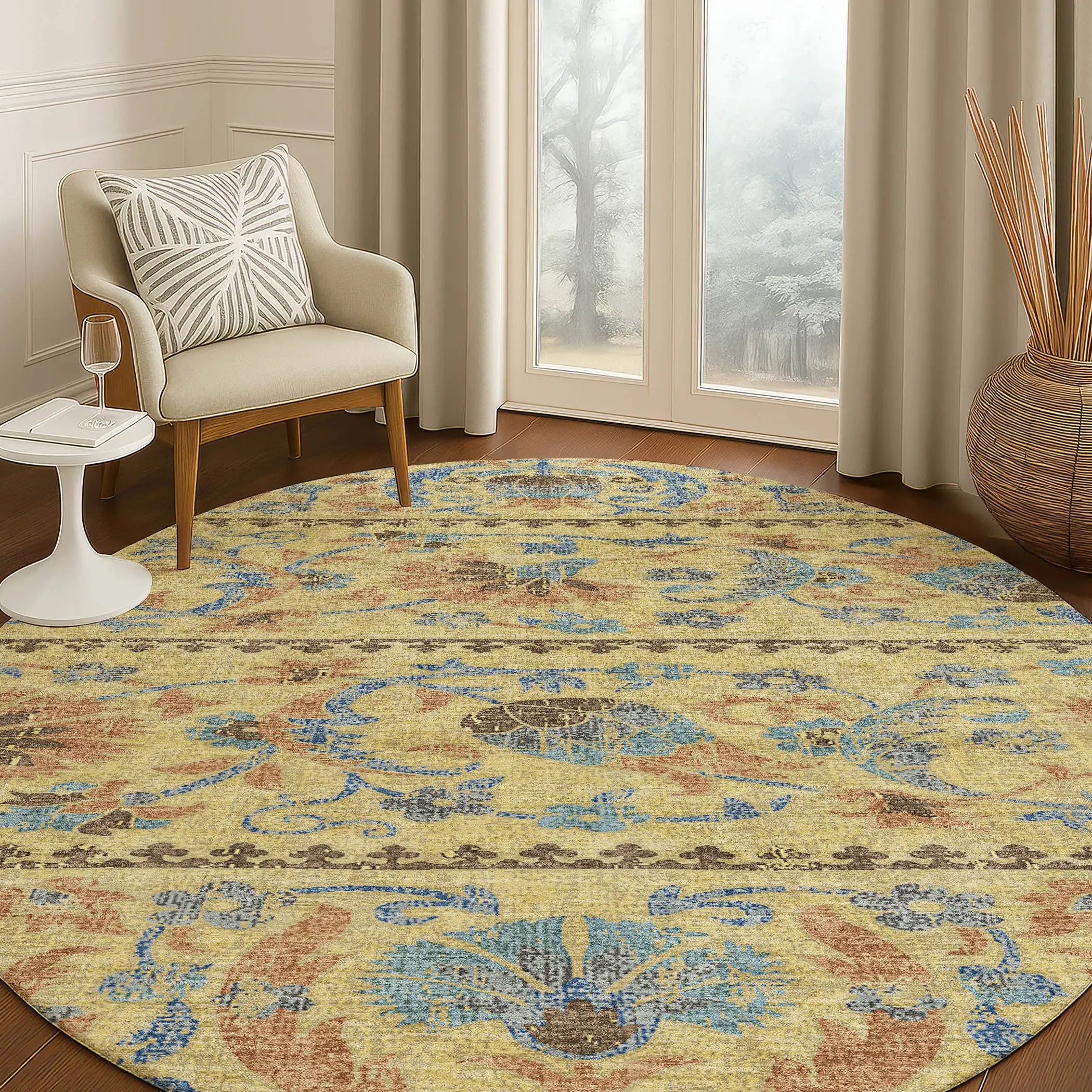 8' Gold And Teal Blue Round Floral Washable Indoor Outdoor Area Rug Homeroots Outdoor