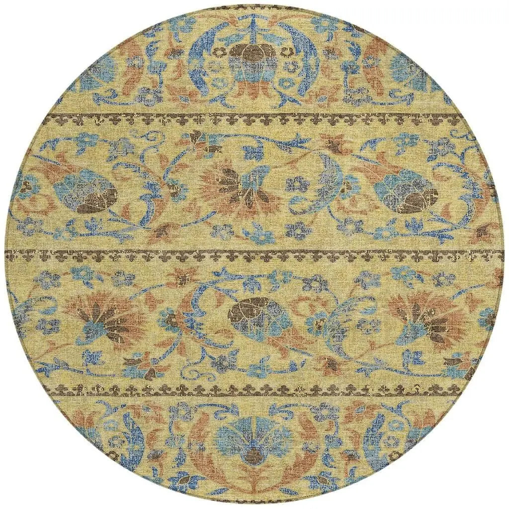 8' Gold And Teal Blue Round Floral Washable Indoor Outdoor Area Rug Homeroots Outdoor
