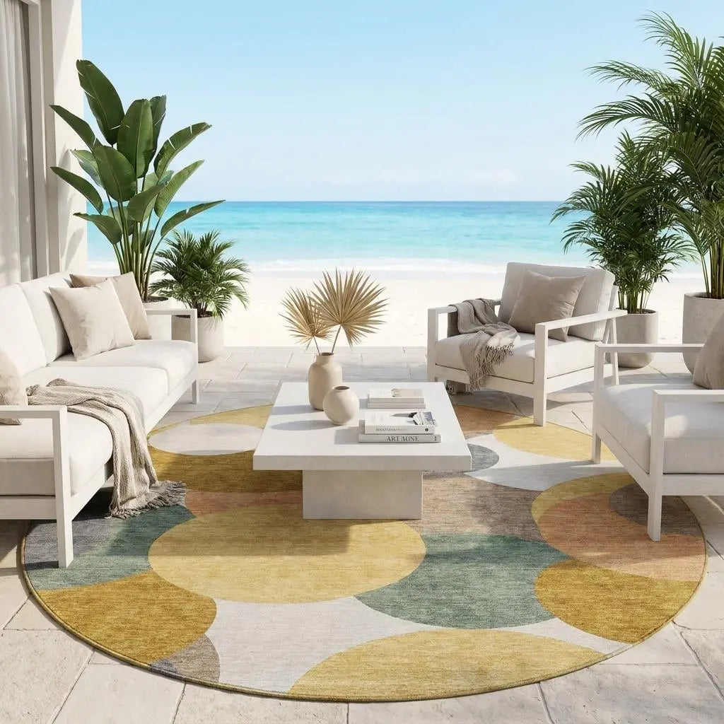 8' Gold And Walnut Round Geometric Washable Indoor Outdoor Area Rug Homeroots Outdoor
