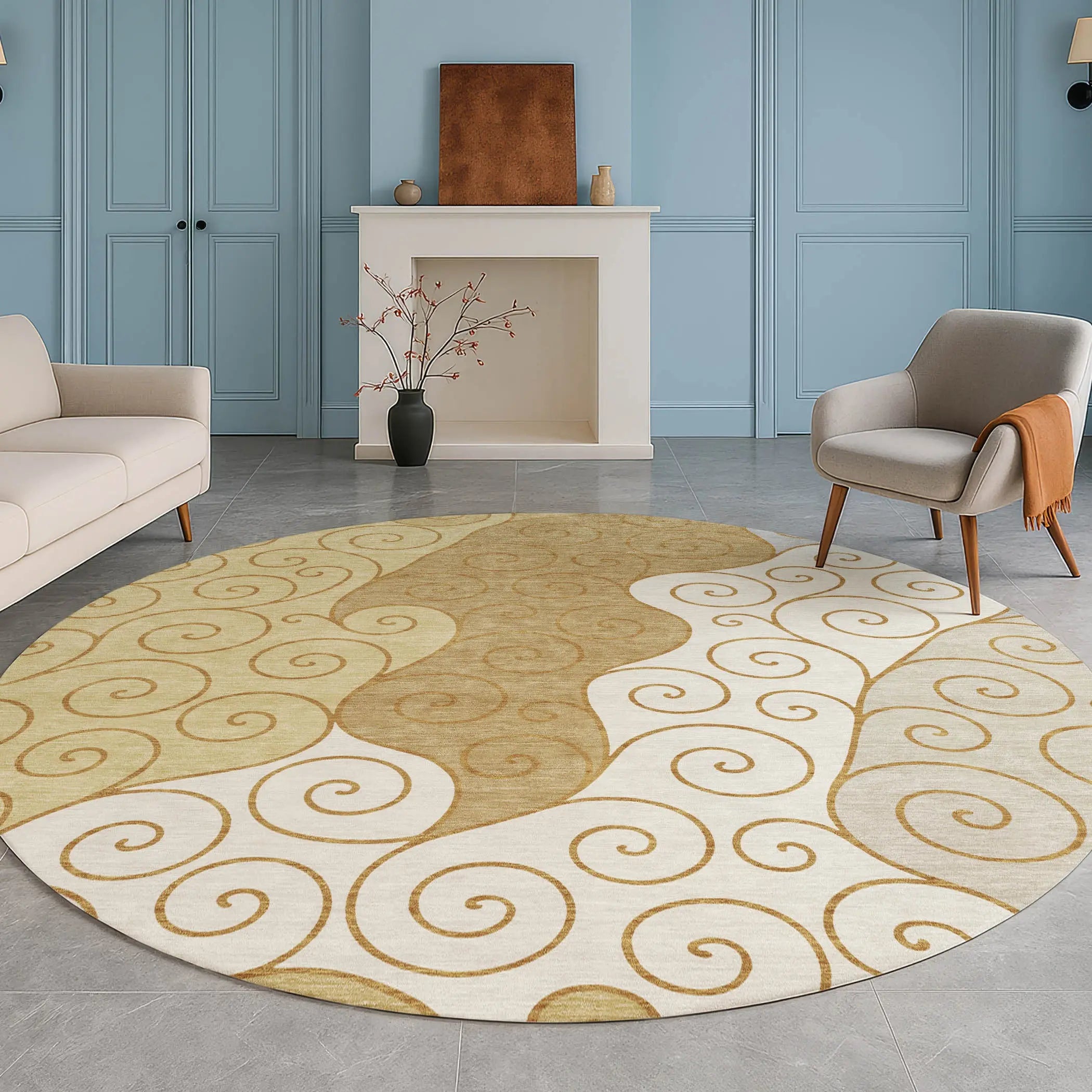 8' Gold And Wheat Round Abstract Washable Indoor Outdoor Area Rug Homeroots Outdoor