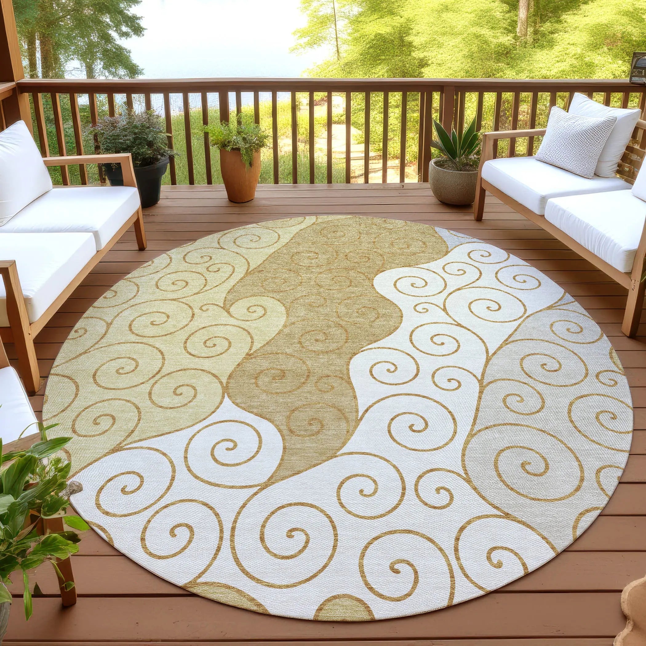 8' Gold And Wheat Round Abstract Washable Indoor Outdoor Area Rug Homeroots Outdoor