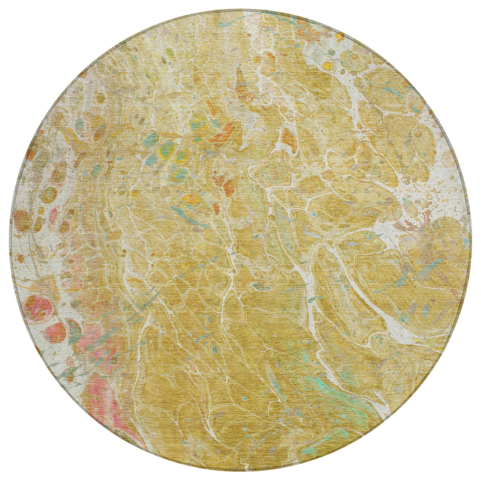 8' Gold And Wheat Round Abstract Washable Indoor Outdoor Area Rug Homeroots Outdoor