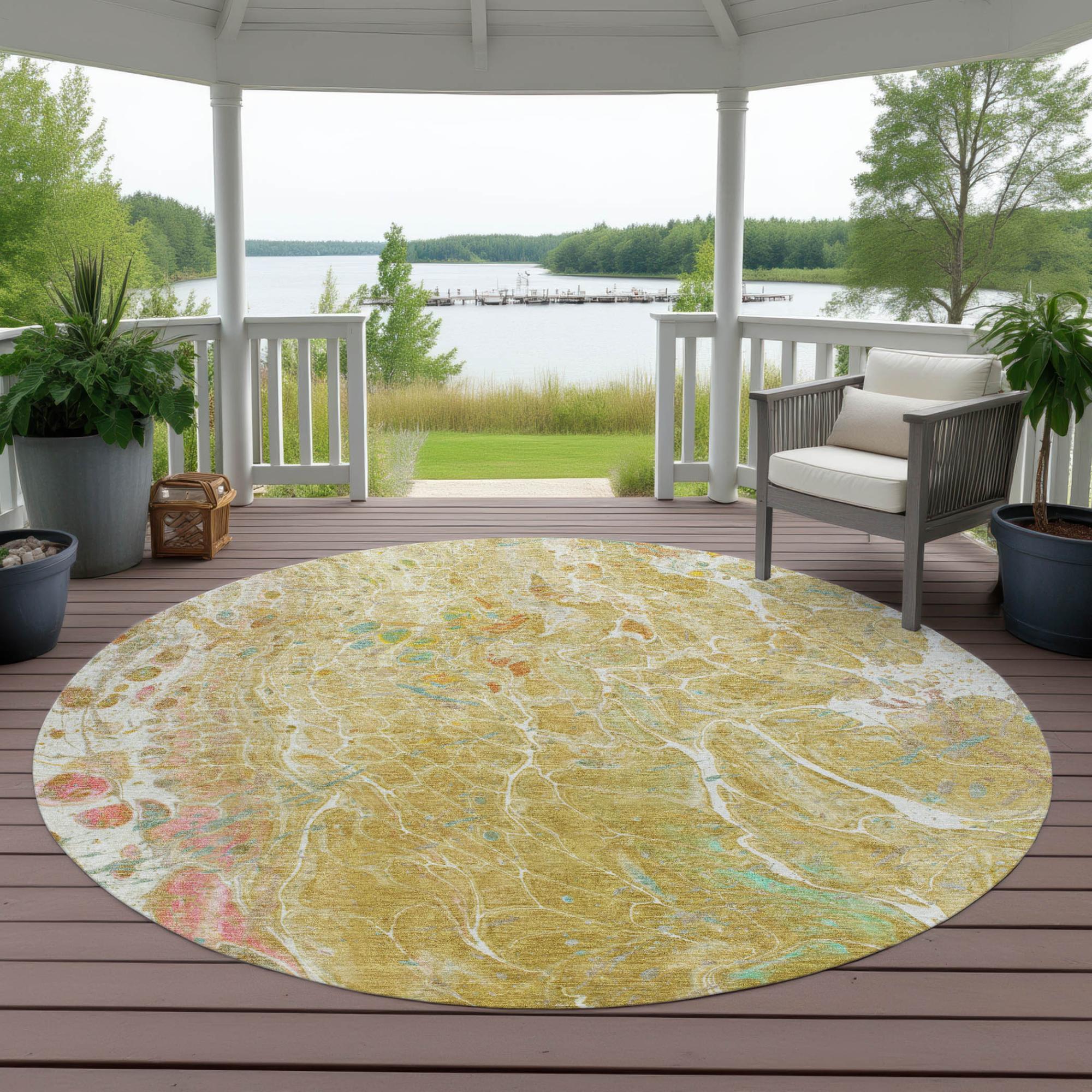 8' Gold And Wheat Round Abstract Washable Indoor Outdoor Area Rug Homeroots Outdoor