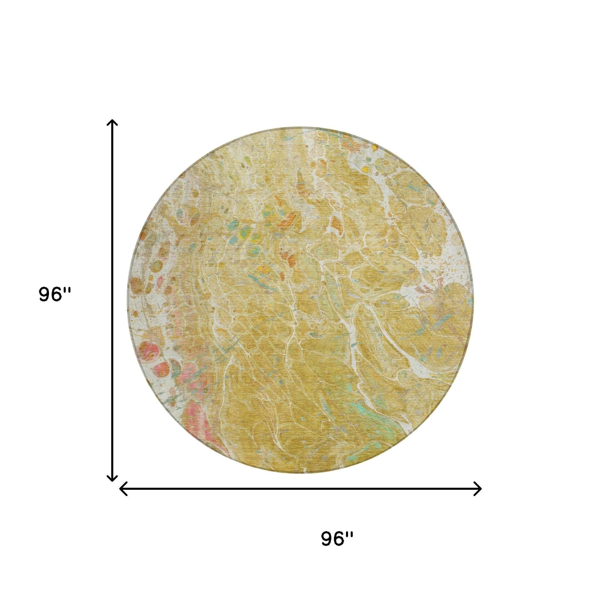 8' Gold And Wheat Round Abstract Washable Indoor Outdoor Area Rug Homeroots Outdoor