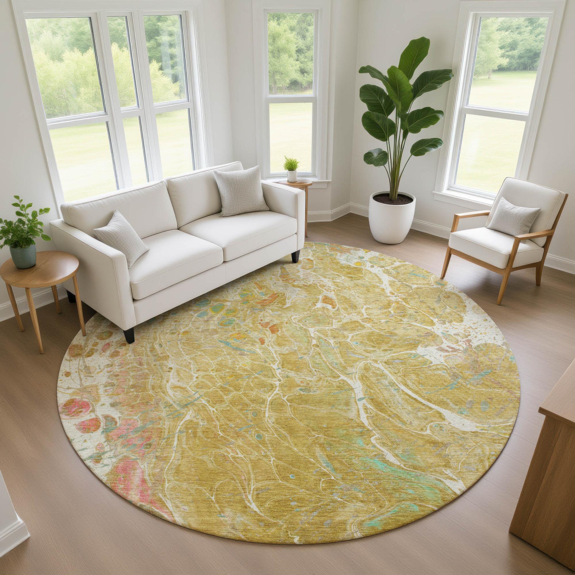 8' Gold And Wheat Round Abstract Washable Indoor Outdoor Area Rug Homeroots Outdoor