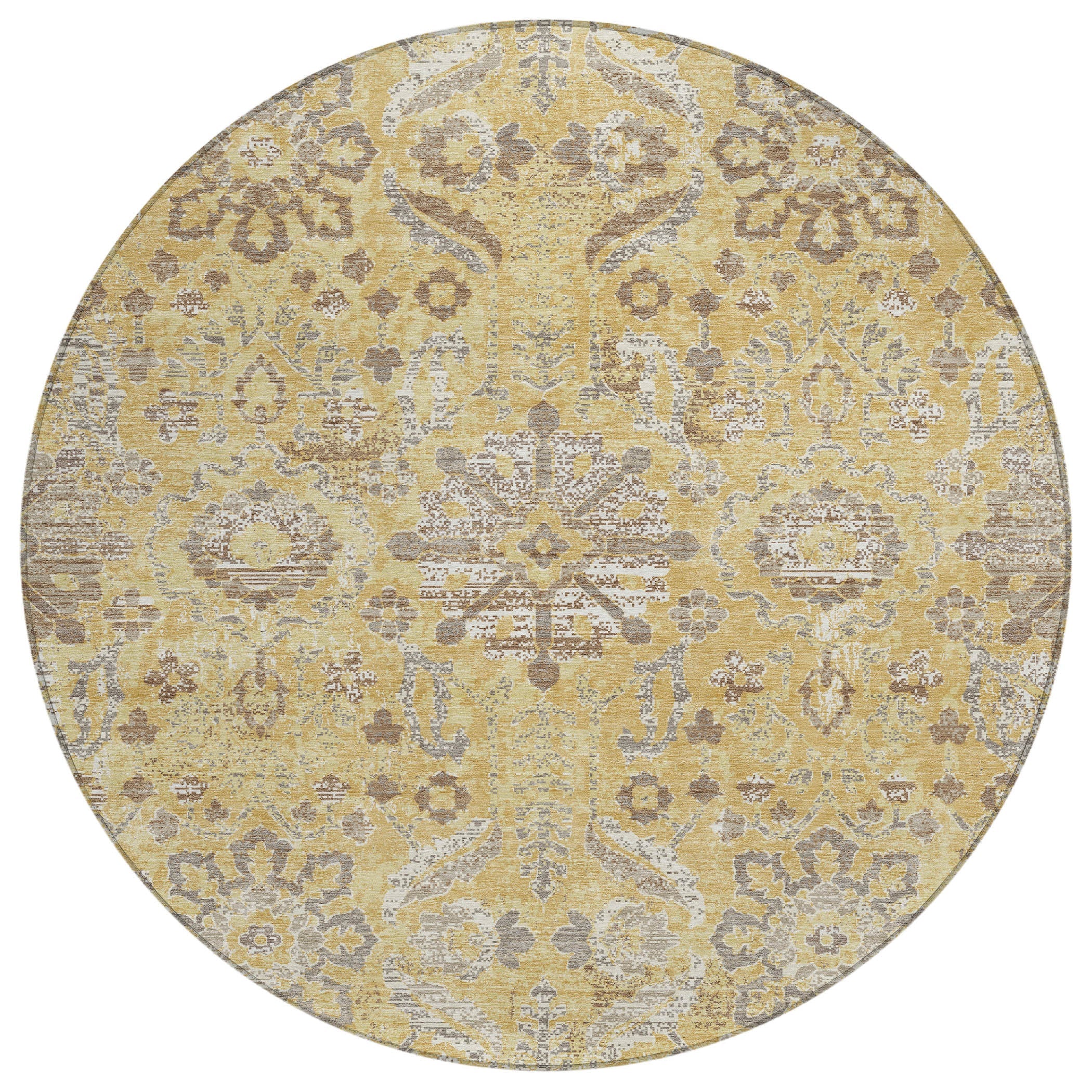 8' Gold And Wheat Round Damask Washable Indoor Outdoor Area Rug Homeroots Outdoor