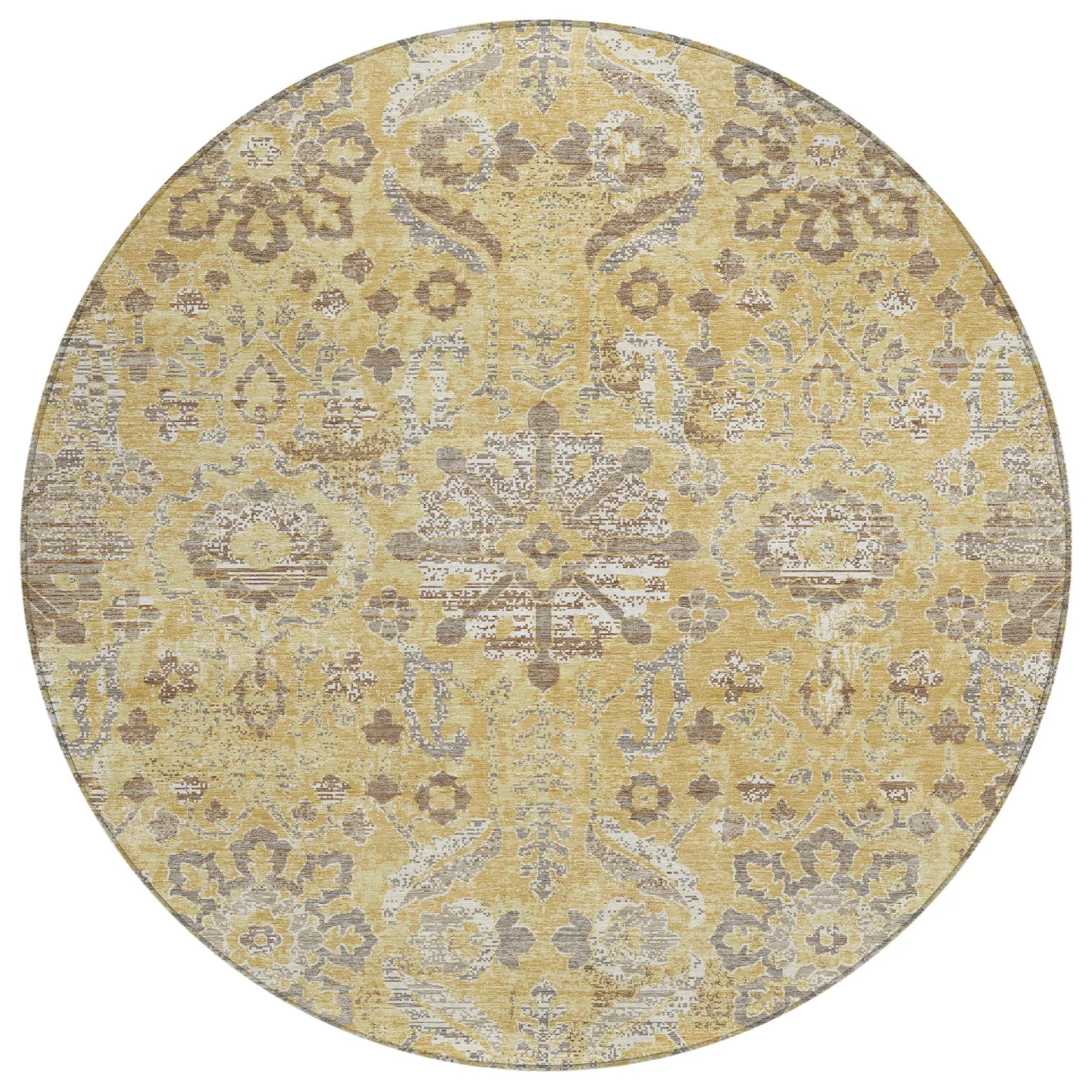 8' Gold And Wheat Round Damask Washable Indoor Outdoor Area Rug Homeroots Outdoor