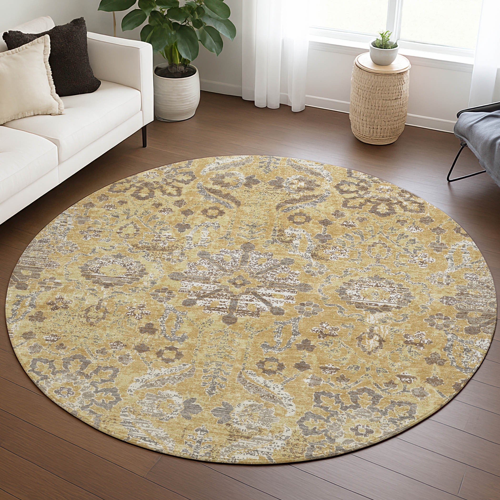 8' Gold And Wheat Round Damask Washable Indoor Outdoor Area Rug Homeroots Outdoor