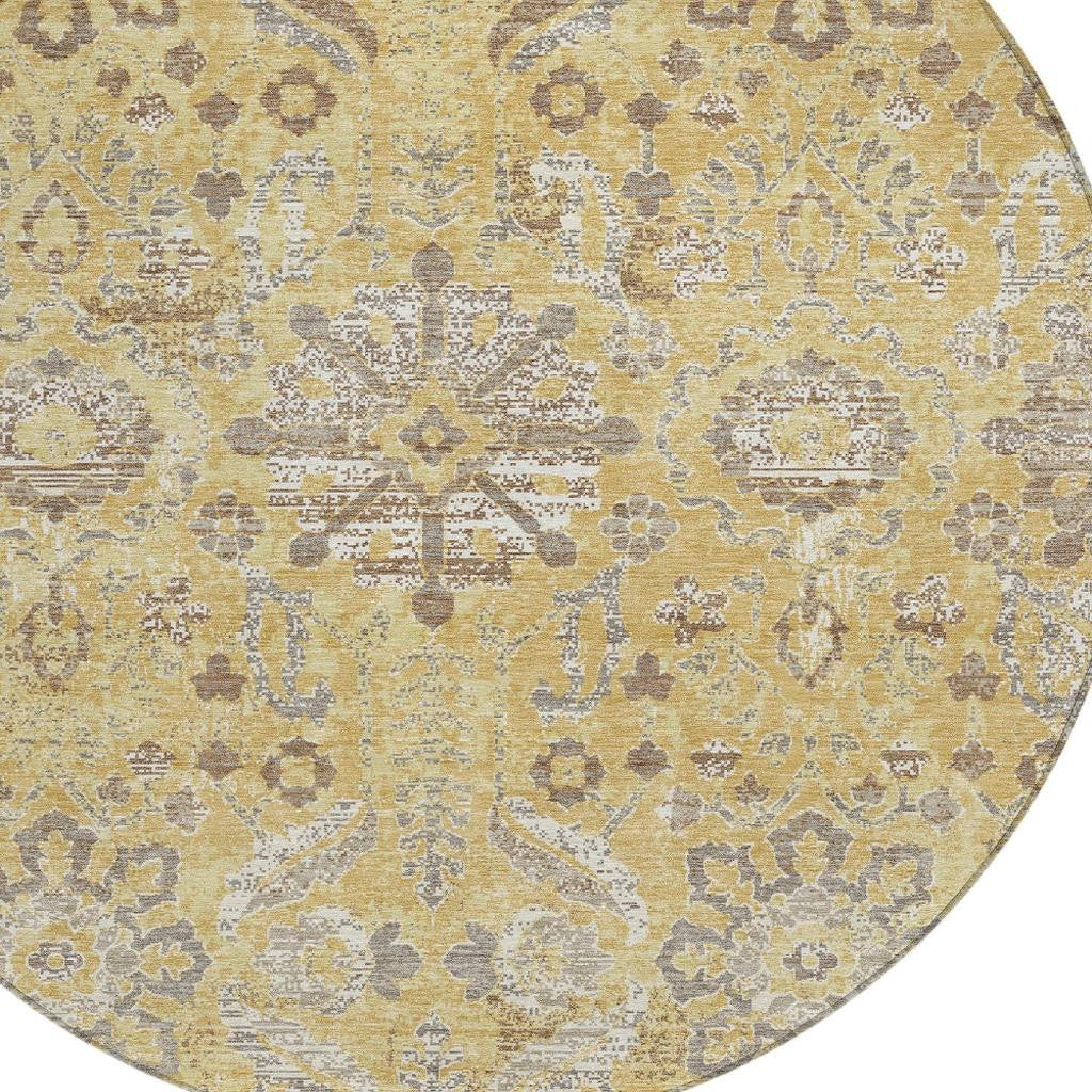8' Gold And Wheat Round Damask Washable Indoor Outdoor Area Rug Homeroots Outdoor
