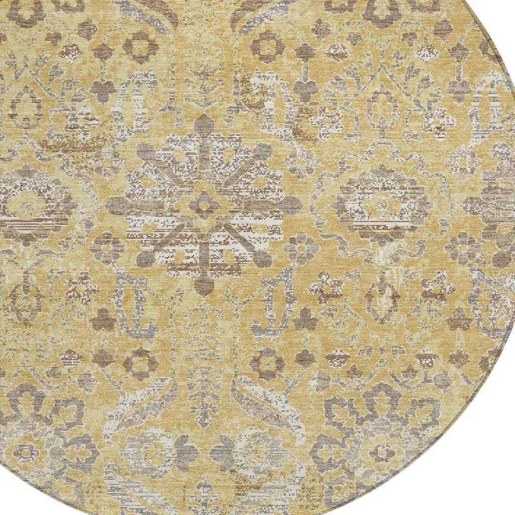 8' Gold And Wheat Round Damask Washable Indoor Outdoor Area Rug Homeroots Outdoor