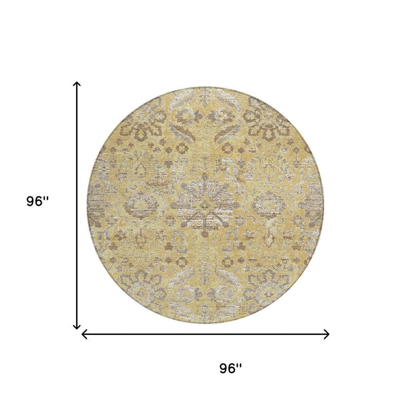 8' Gold And Wheat Round Damask Washable Indoor Outdoor Area Rug Homeroots Outdoor