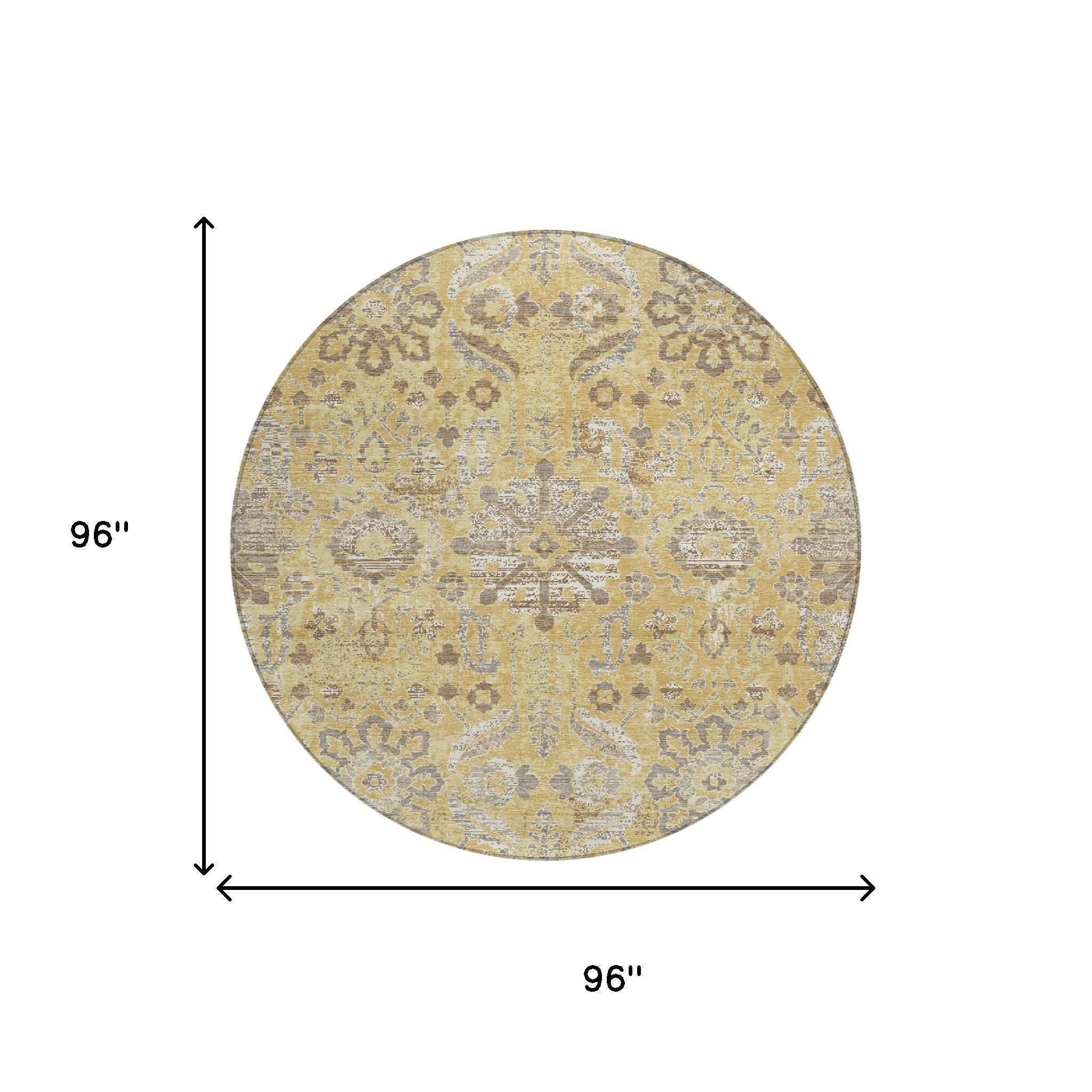 8' Gold And Wheat Round Damask Washable Indoor Outdoor Area Rug Homeroots Outdoor