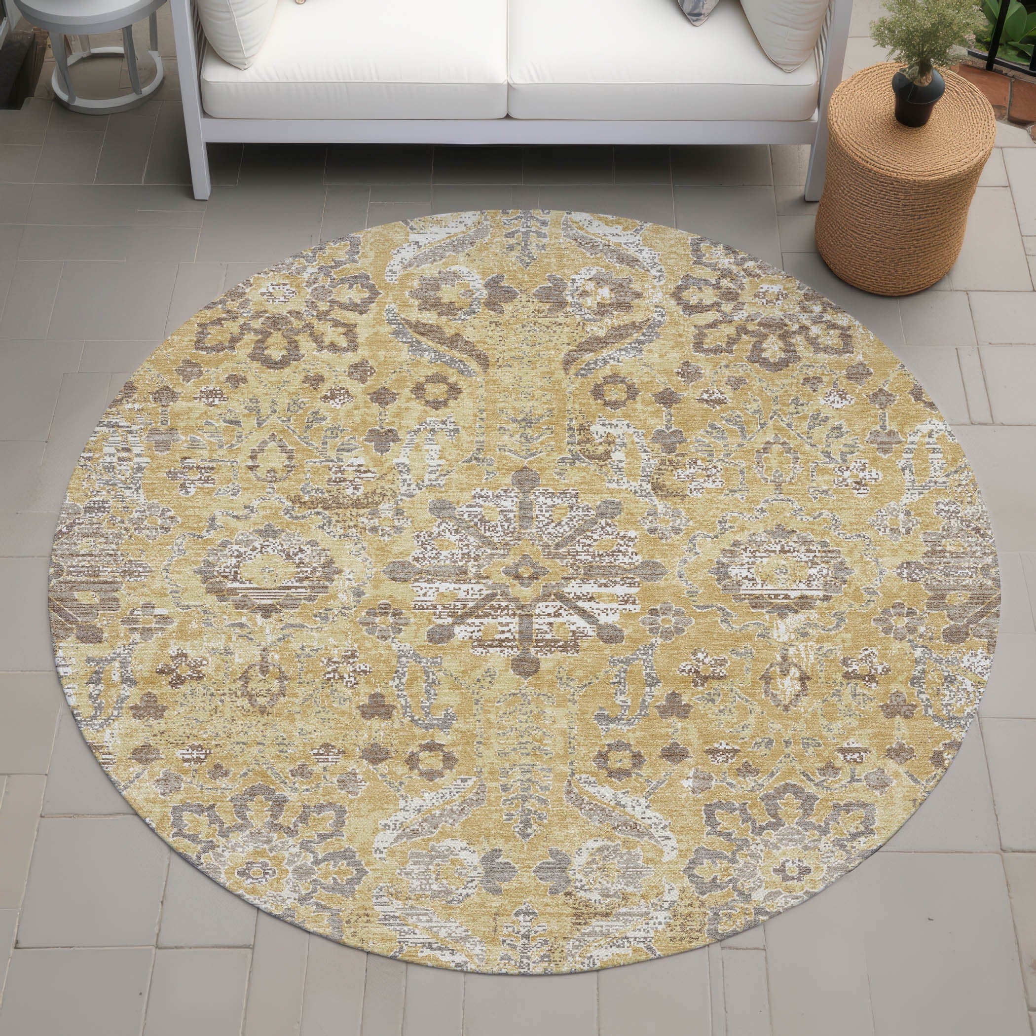 8' Gold And Wheat Round Damask Washable Indoor Outdoor Area Rug Homeroots Outdoor