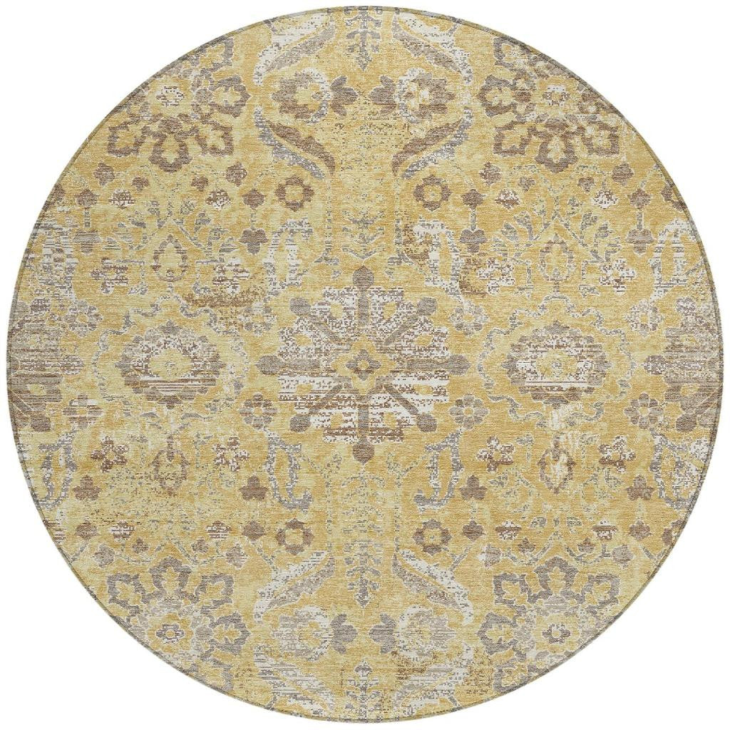 8' Gold And Wheat Round Damask Washable Indoor Outdoor Area Rug Homeroots Outdoor