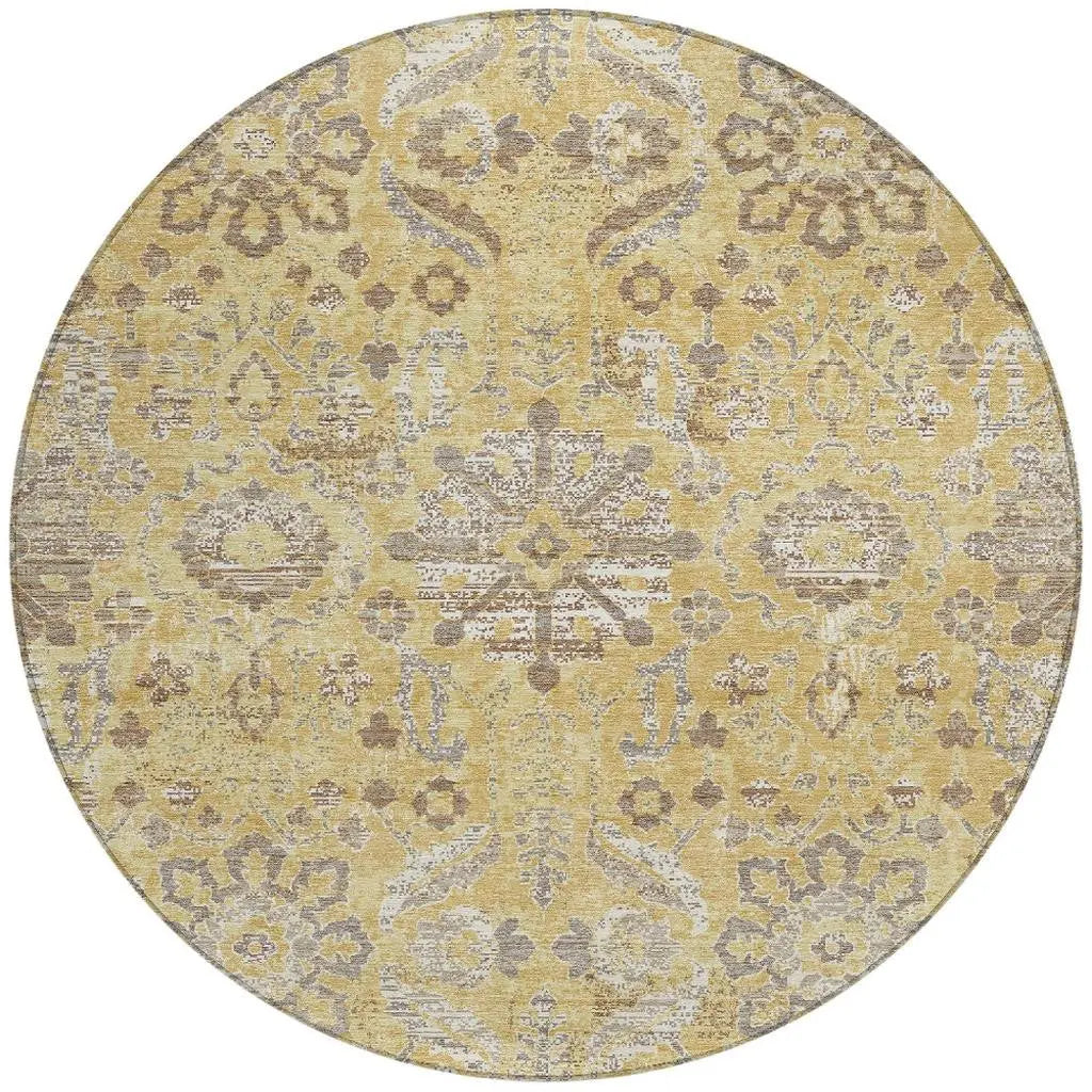 8' Gold And Wheat Round Damask Washable Indoor Outdoor Area Rug Homeroots Outdoor