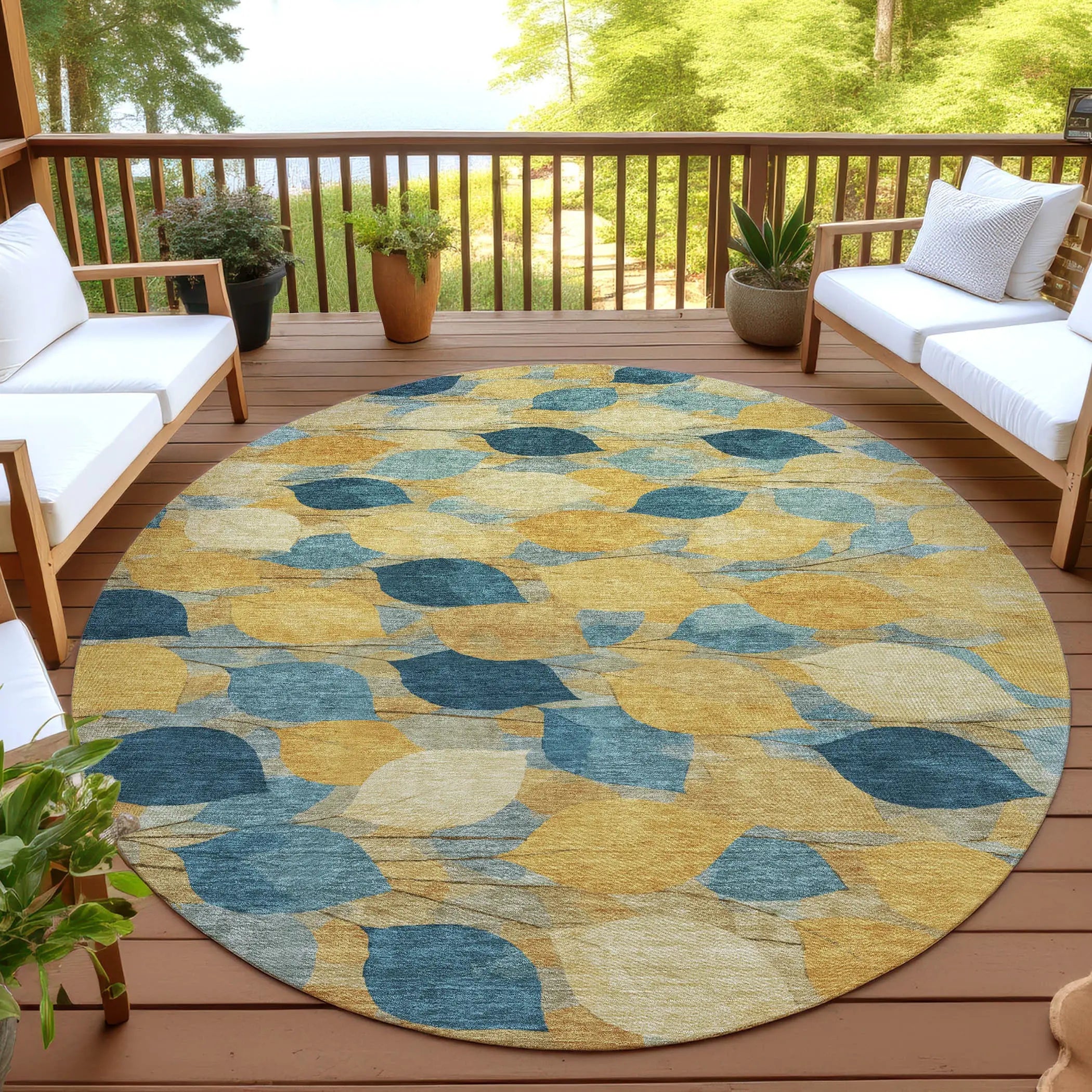 8' Gold And Wheat Round Floral Washable Indoor Outdoor Area Rug Homeroots Outdoor