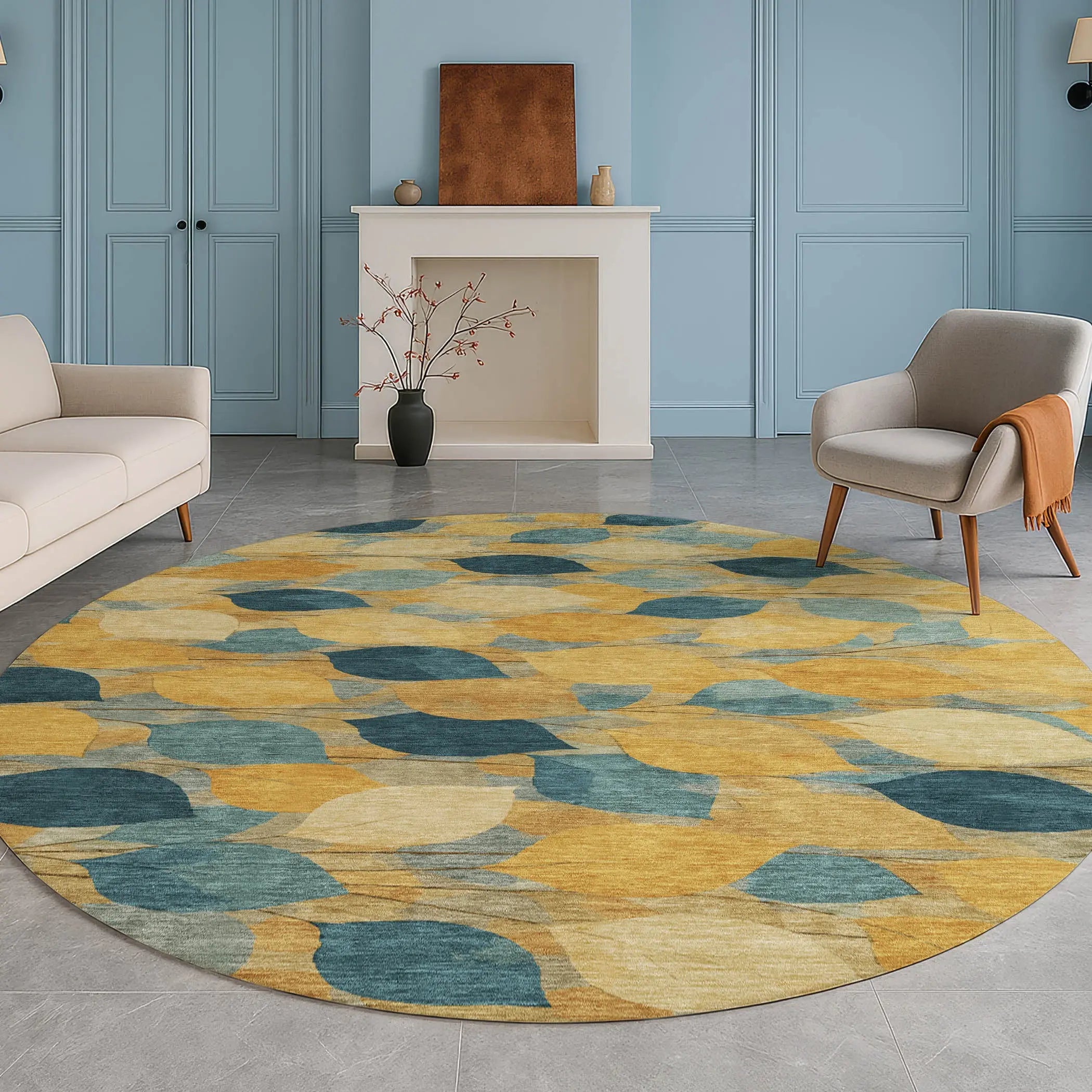 8' Gold And Wheat Round Floral Washable Indoor Outdoor Area Rug Homeroots Outdoor