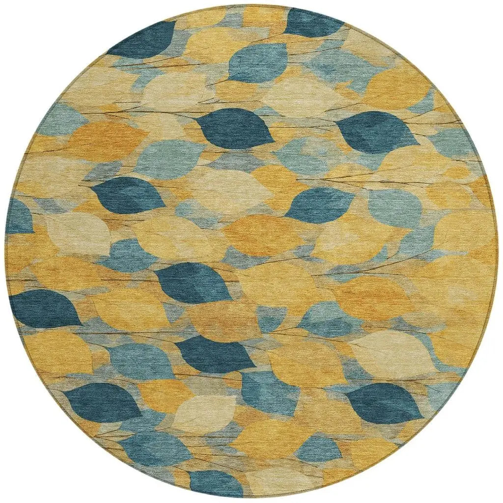 8' Gold And Wheat Round Floral Washable Indoor Outdoor Area Rug Homeroots Outdoor