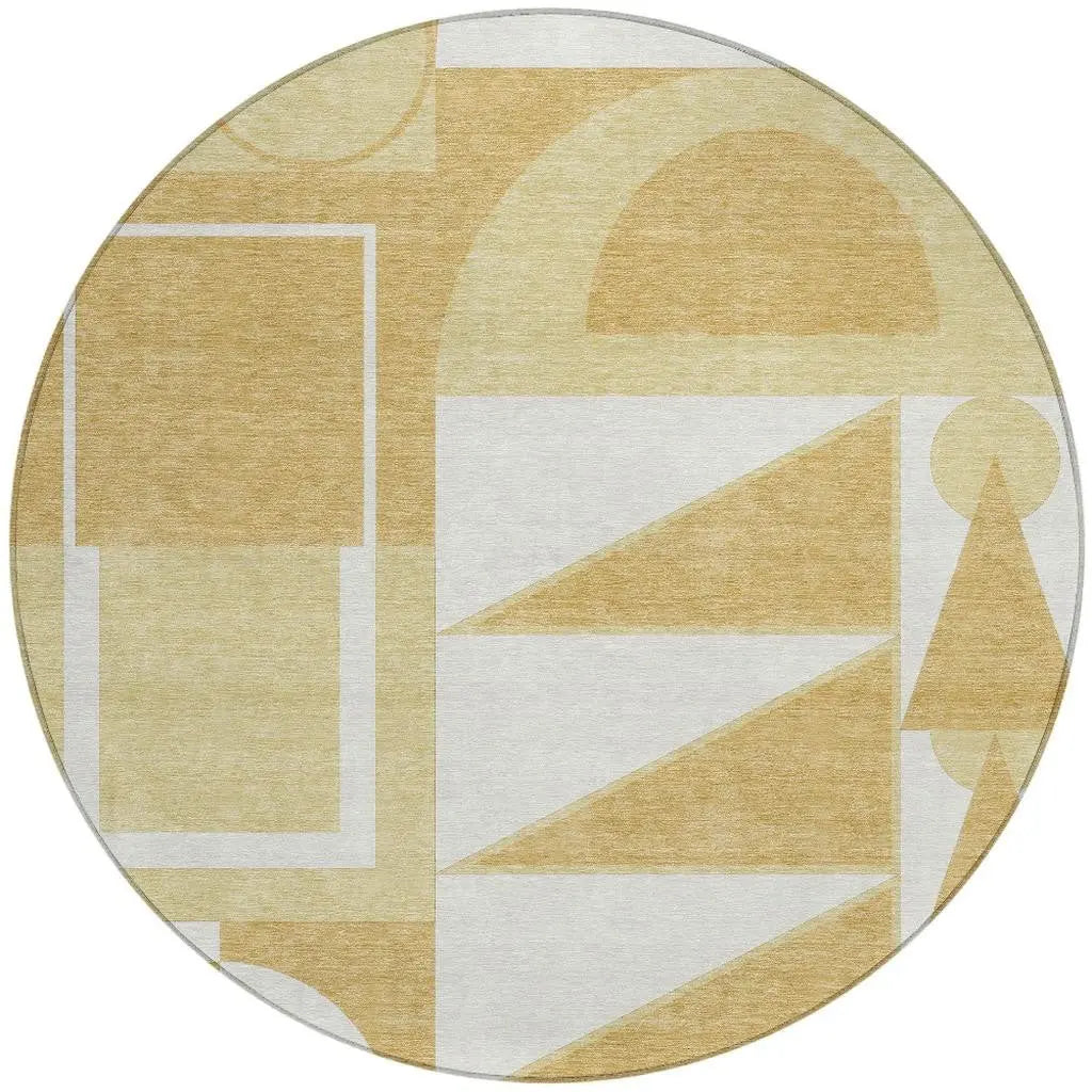 8' Gold And Wheat Round Geometric Washable Indoor Outdoor Area Rug Homeroots Outdoor