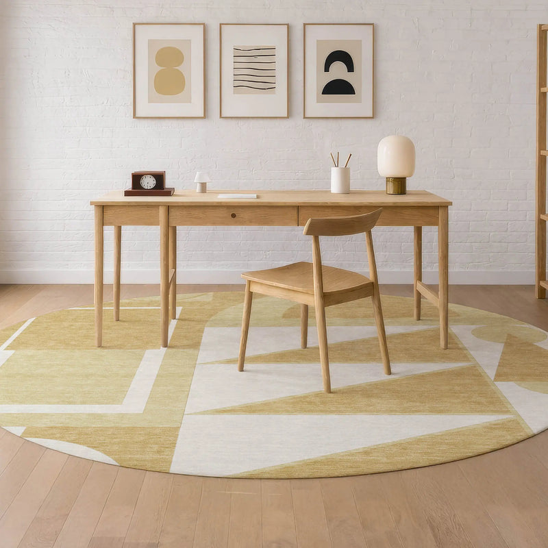 8' Gold And Wheat Round Geometric Washable Indoor Outdoor Area Rug Homeroots Outdoor