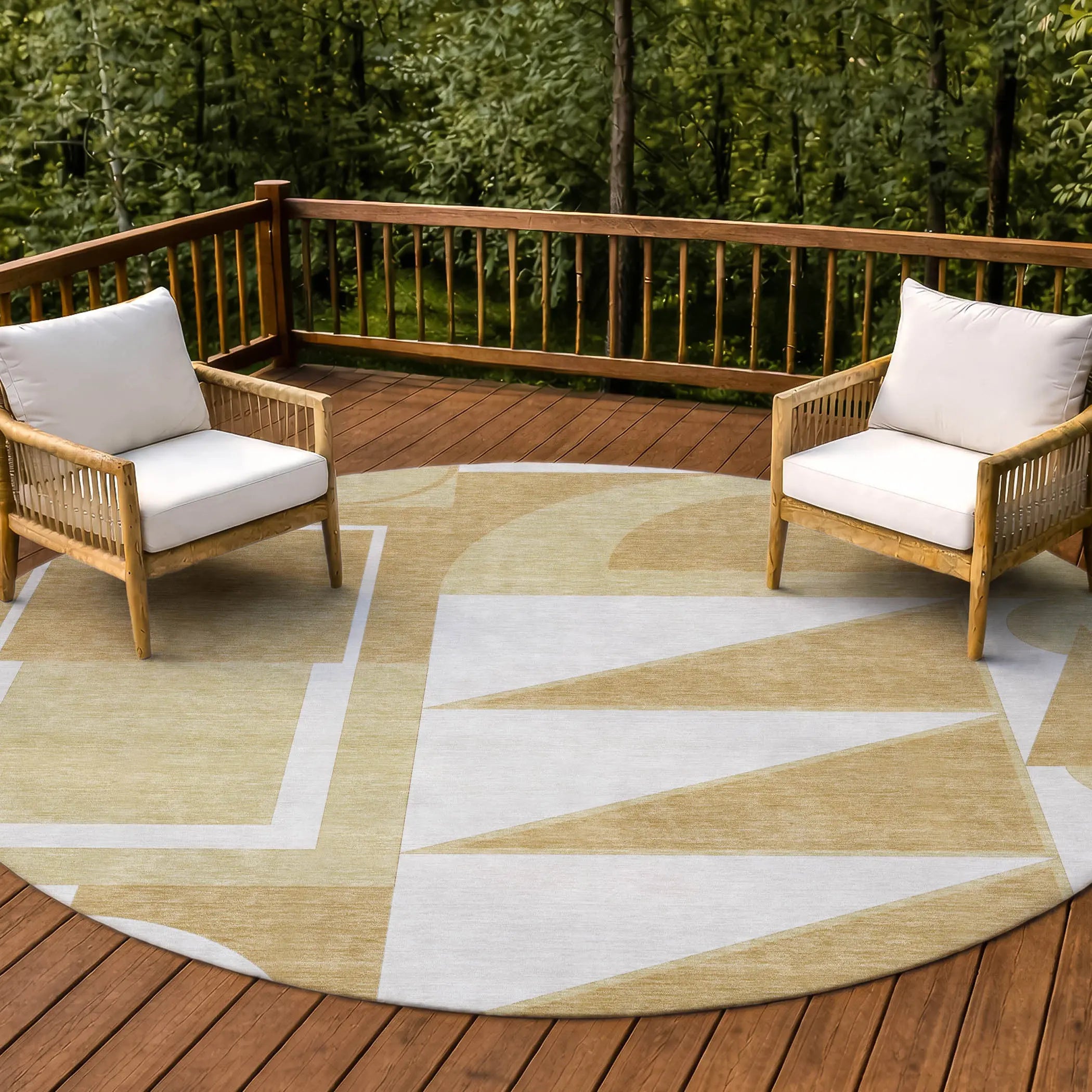 8' Gold And Wheat Round Geometric Washable Indoor Outdoor Area Rug Homeroots Outdoor