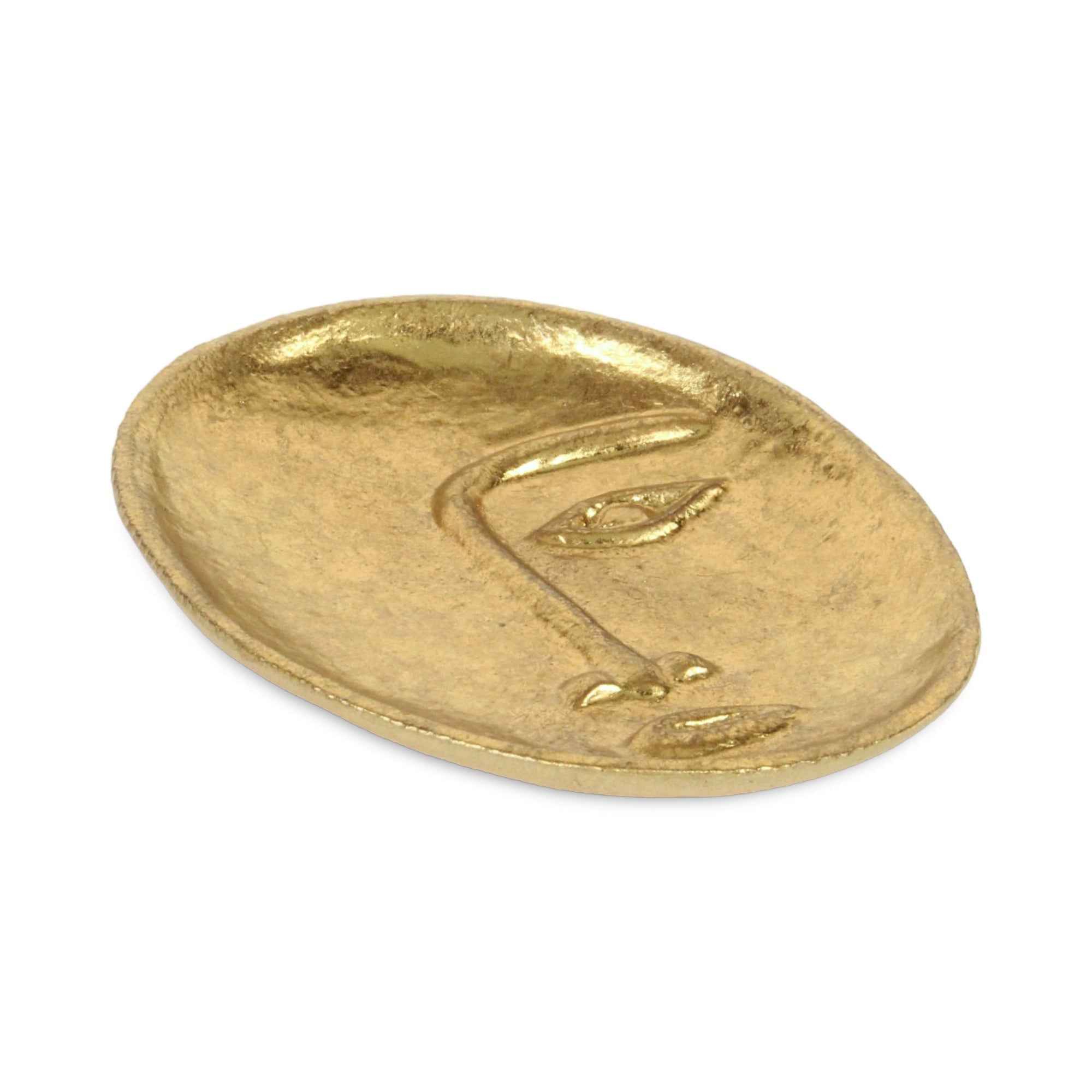 8" Gold Cast Iron Mod Abstract Face Oval Trinket Tray - GreatEagleInc