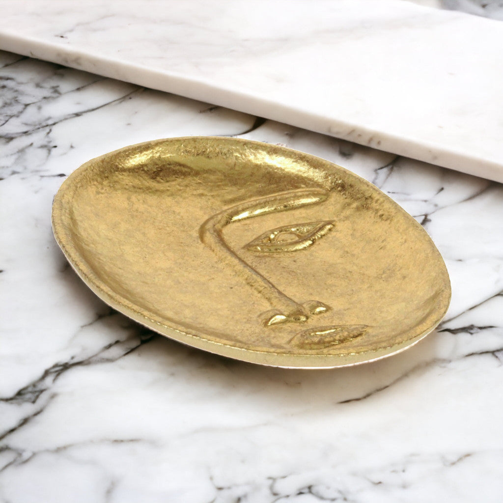 8" Gold Cast Iron Mod Abstract Face Oval Trinket Tray - GreatEagleInc