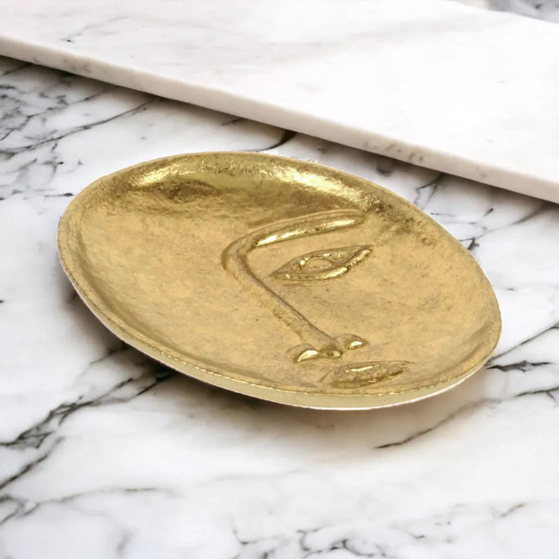 8" Gold Cast Iron Mod Abstract Face Oval Trinket Tray - GreatEagleInc