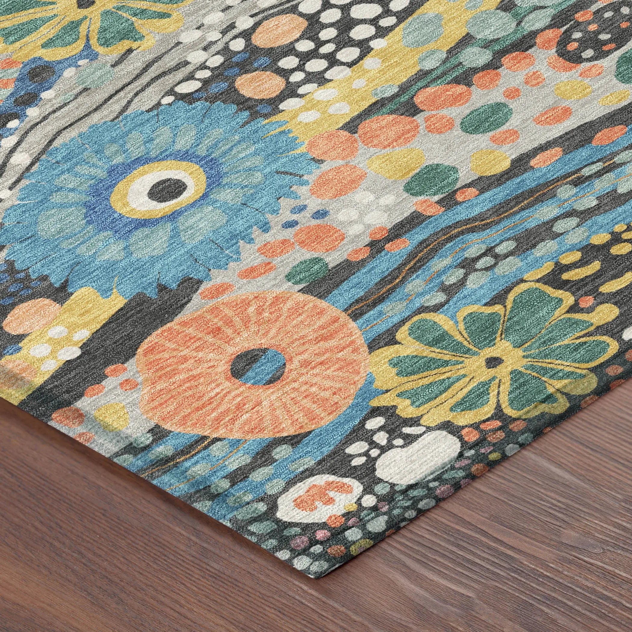 8' Granite Gray And Navy Blue Round Floral Washable Indoor Outdoor Area Rug Homeroots Outdoor