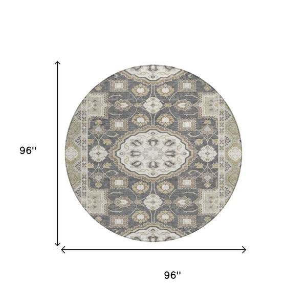 8' Graphite And Gray Round Floral Medallion Washable Indoor Outdoor Area Rug Homeroots Outdoor