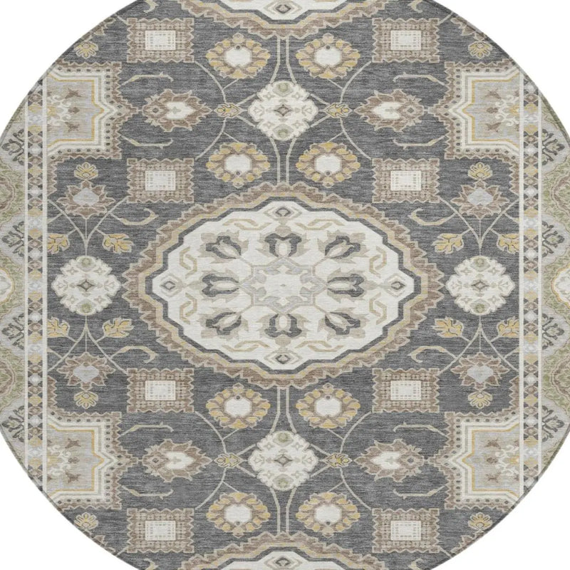 8' Graphite And Gray Round Floral Medallion Washable Indoor Outdoor Area Rug Homeroots Outdoor