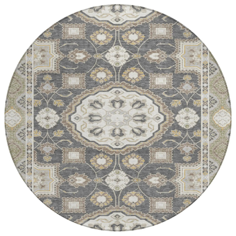8' Graphite And Gray Round Floral Medallion Washable Indoor Outdoor Area Rug Homeroots Outdoor