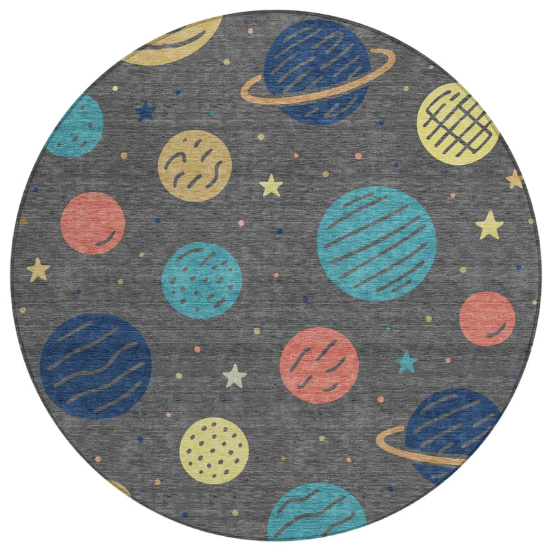 8' Graphite And Gray Round Floral Washable Indoor Outdoor Area Rug Homeroots Outdoor