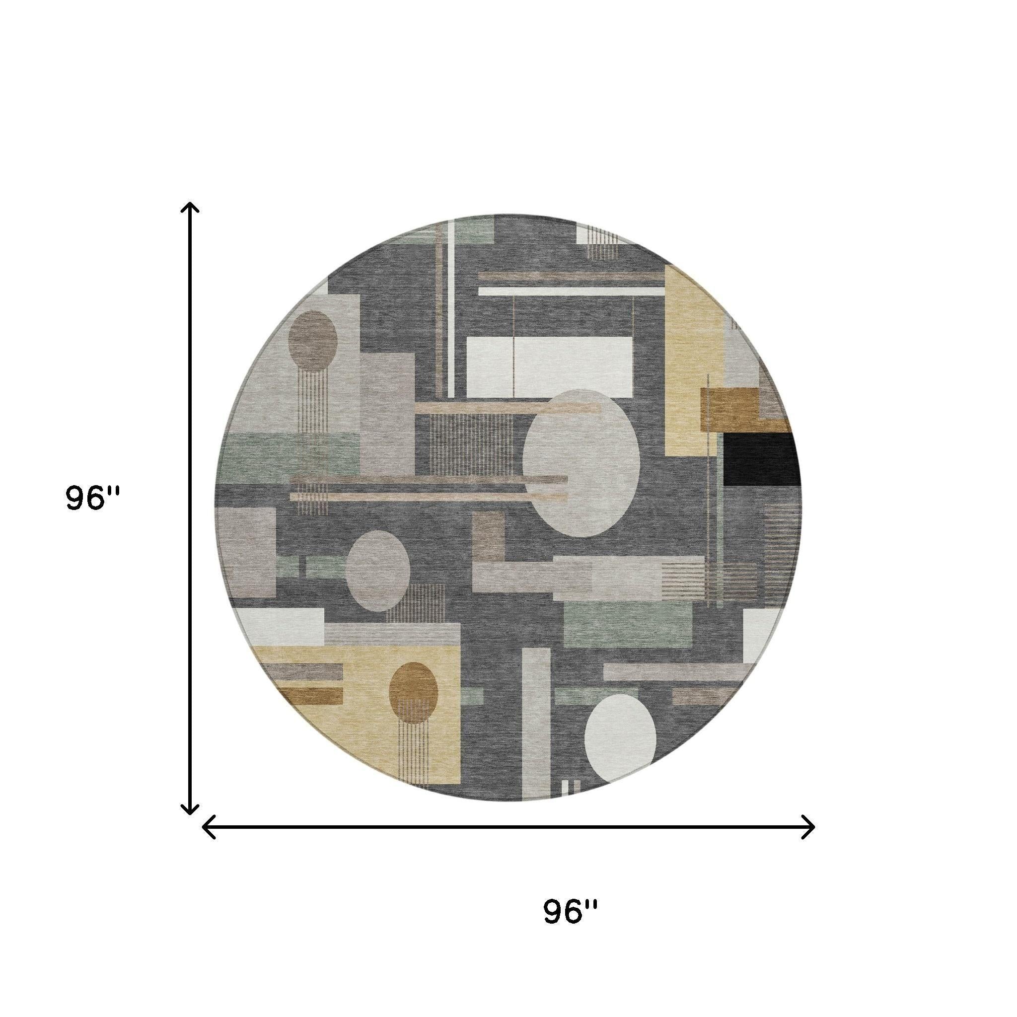 8' Graphite And Gray Round Geometric Washable Indoor Outdoor Area Rug Homeroots Outdoor