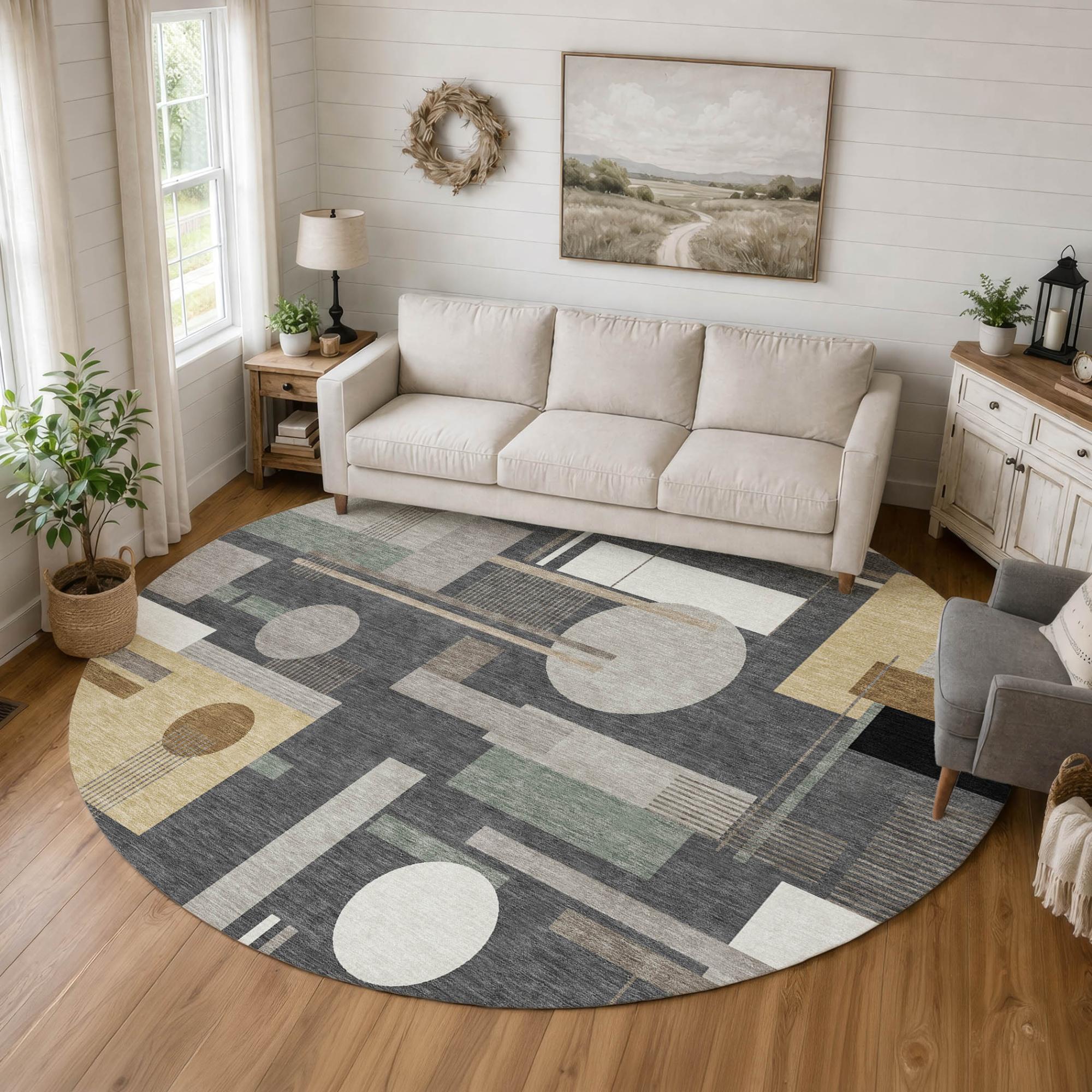 8' Graphite And Gray Round Geometric Washable Indoor Outdoor Area Rug Homeroots Outdoor