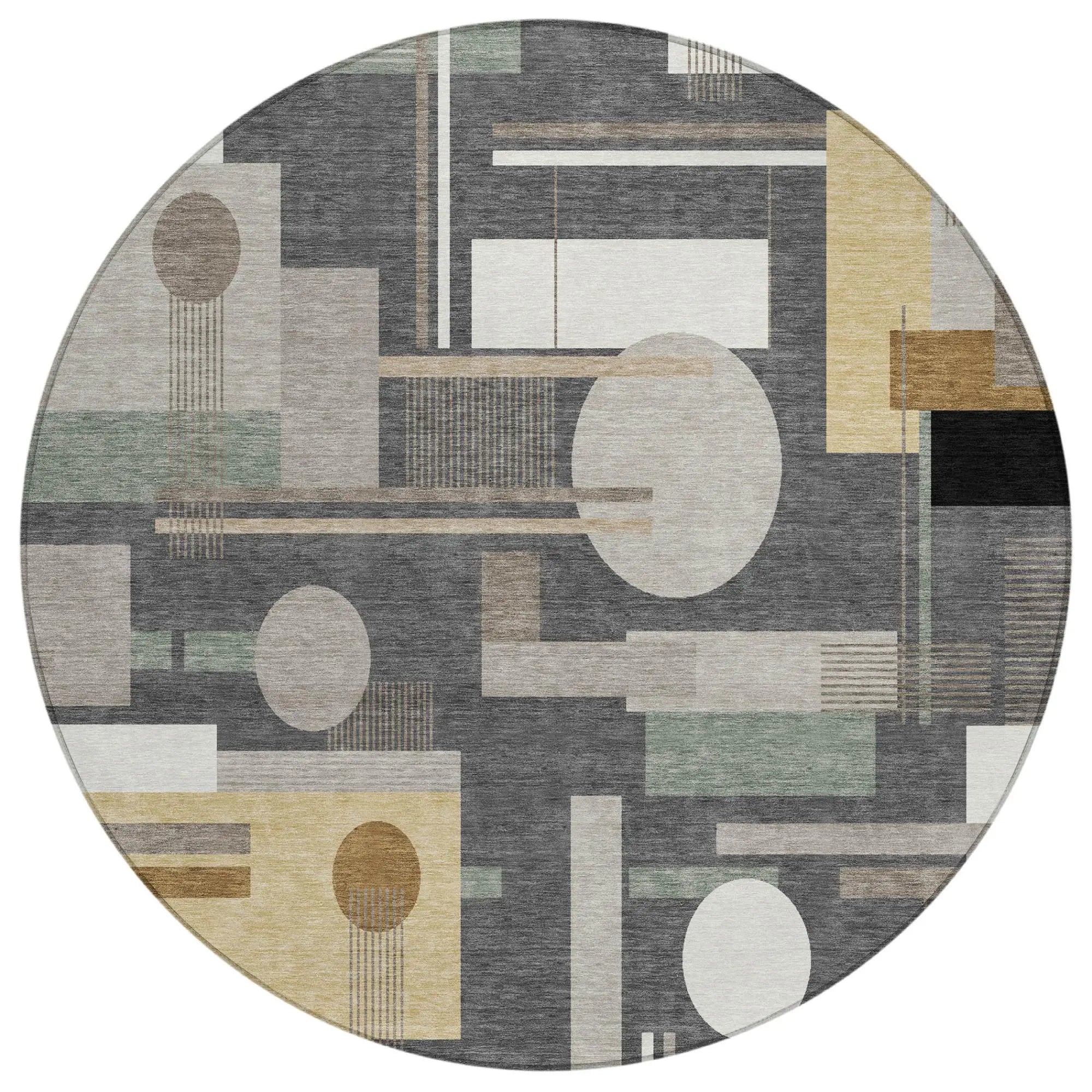 8' Graphite And Gray Round Geometric Washable Indoor Outdoor Area Rug Homeroots Outdoor