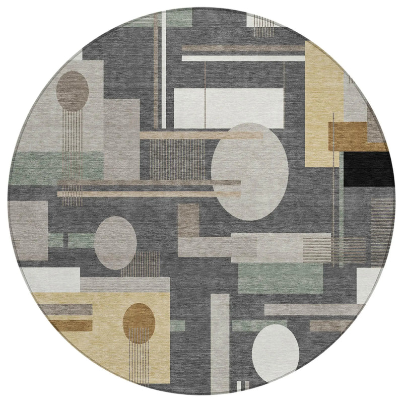 8' Graphite And Gray Round Geometric Washable Indoor Outdoor Area Rug Homeroots Outdoor