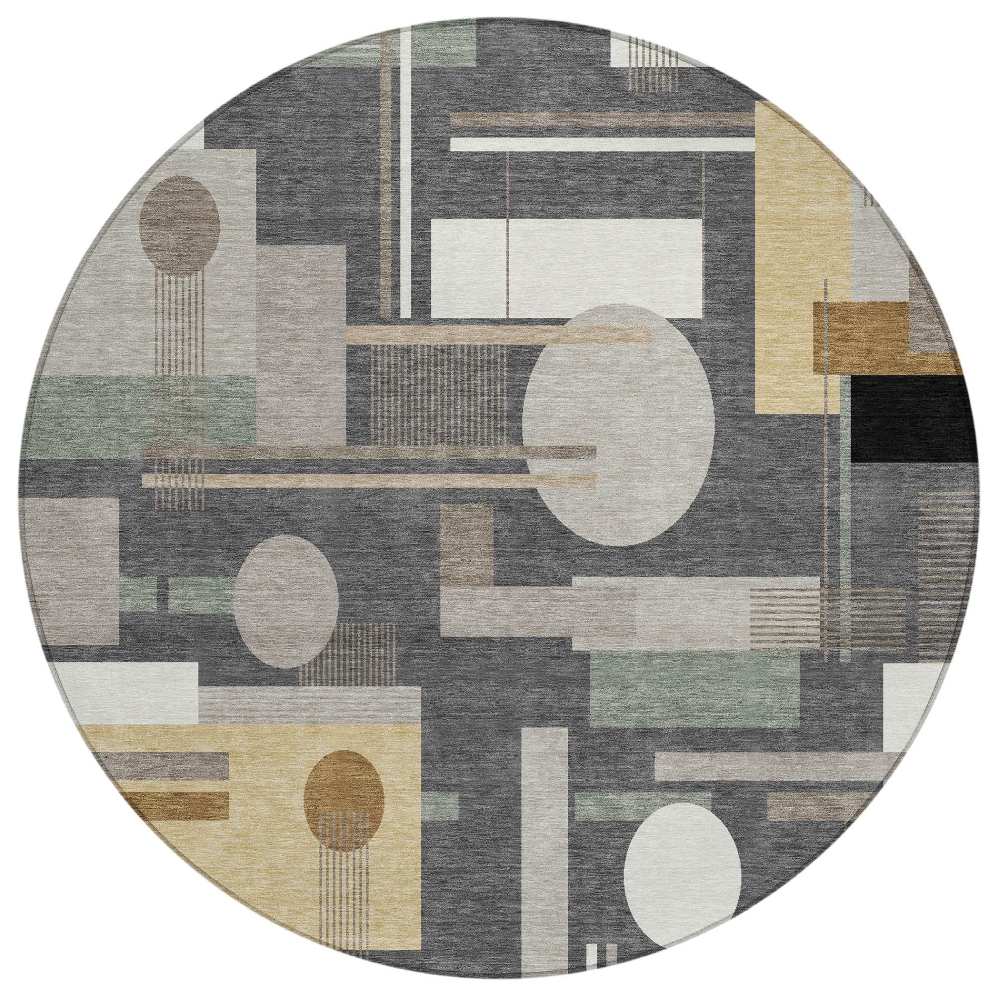 8' Graphite And Gray Round Geometric Washable Indoor Outdoor Area Rug Homeroots Outdoor