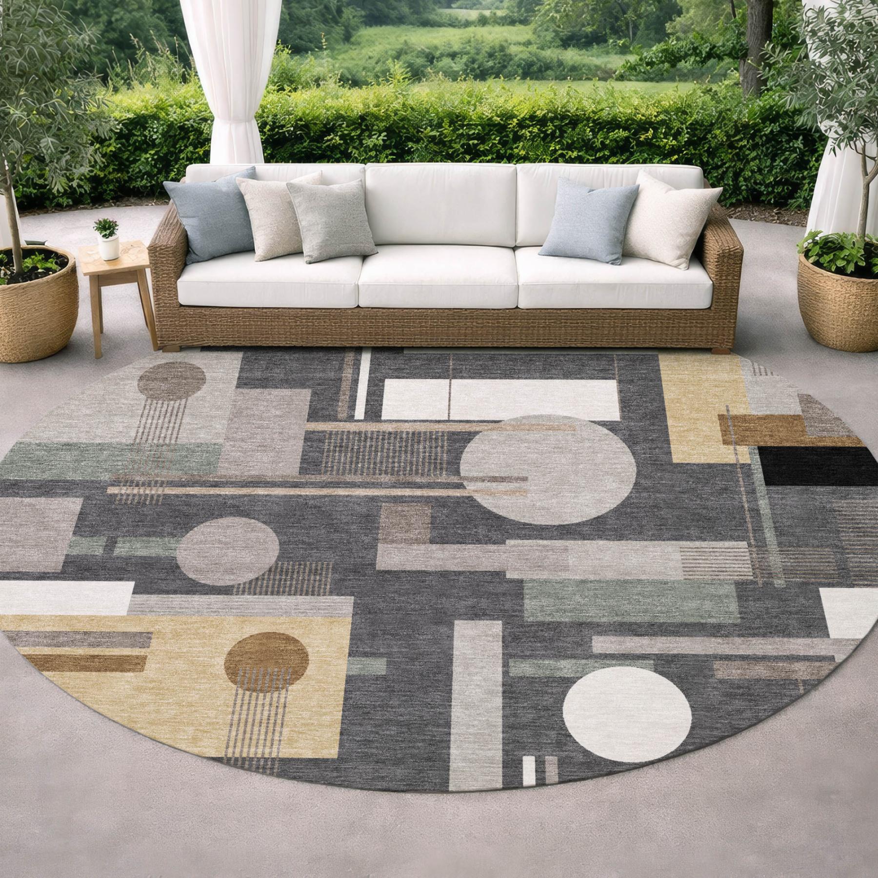 8' Graphite And Gray Round Geometric Washable Indoor Outdoor Area Rug Homeroots Outdoor