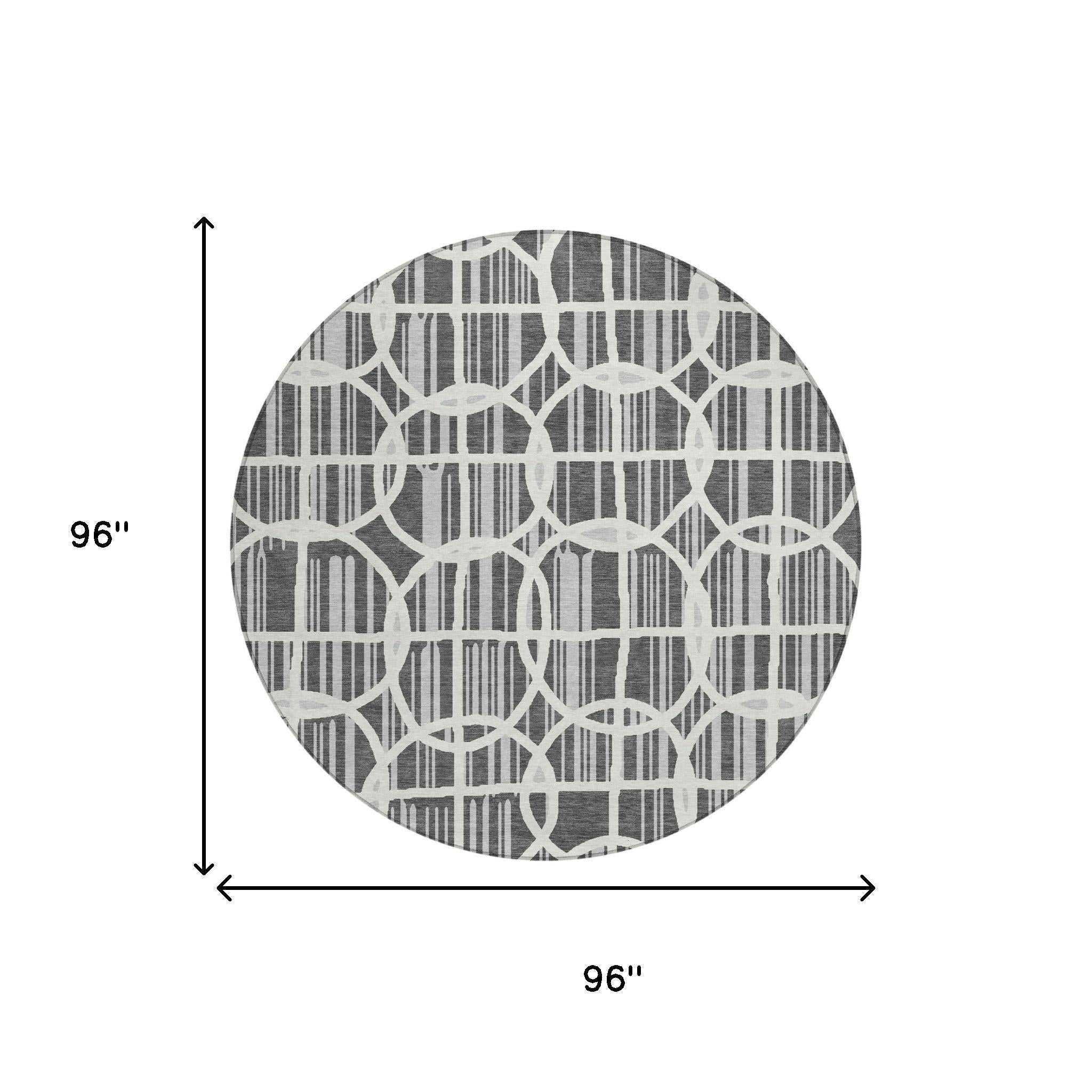 8' Graphite And Gray Round Geometric Washable Indoor Outdoor Area Rug Homeroots Outdoor