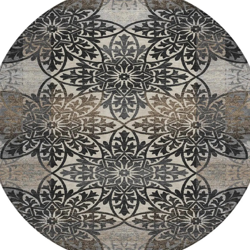 8' Graphite And Gray Round Oriental Washable Indoor Outdoor Area Rug Homeroots Outdoor