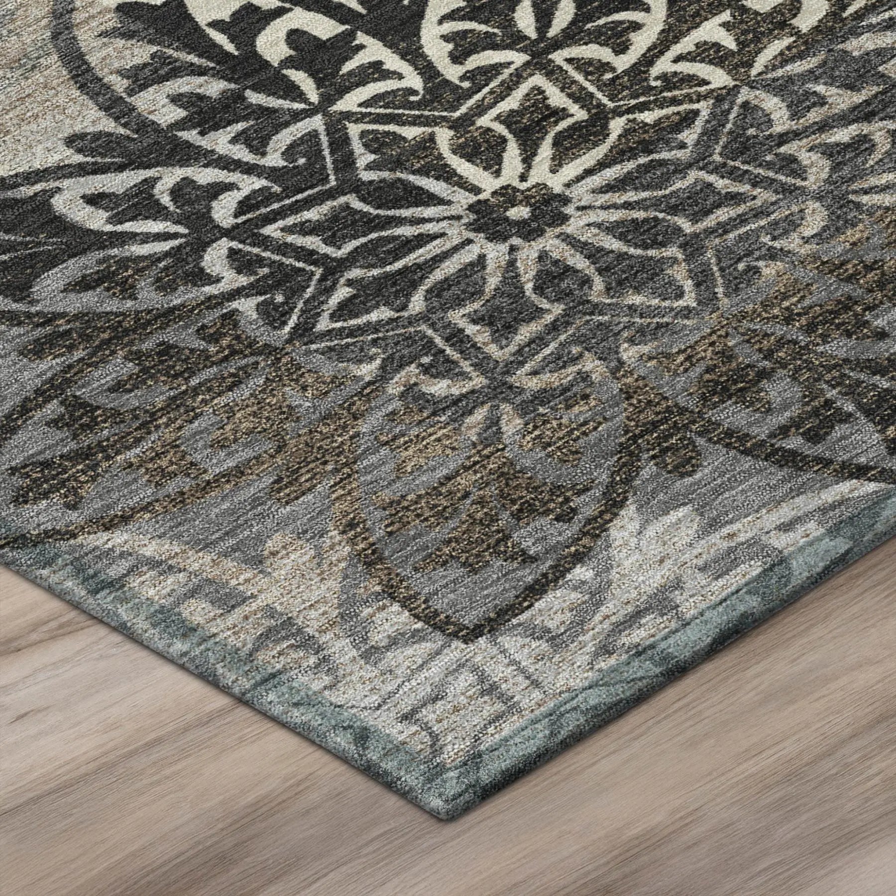 8' Graphite And Gray Round Oriental Washable Indoor Outdoor Area Rug Homeroots Outdoor